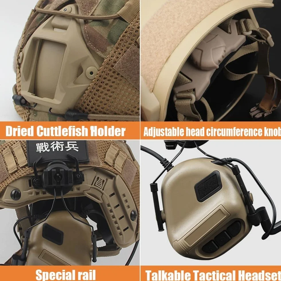Juego De Casco Fast Táctico Militar, Equipo Casco Protección Paintball CS con Auriculares Tácticos Y Cubierta De Casco, para Caza Al Aire Libre Airsoft Paintball