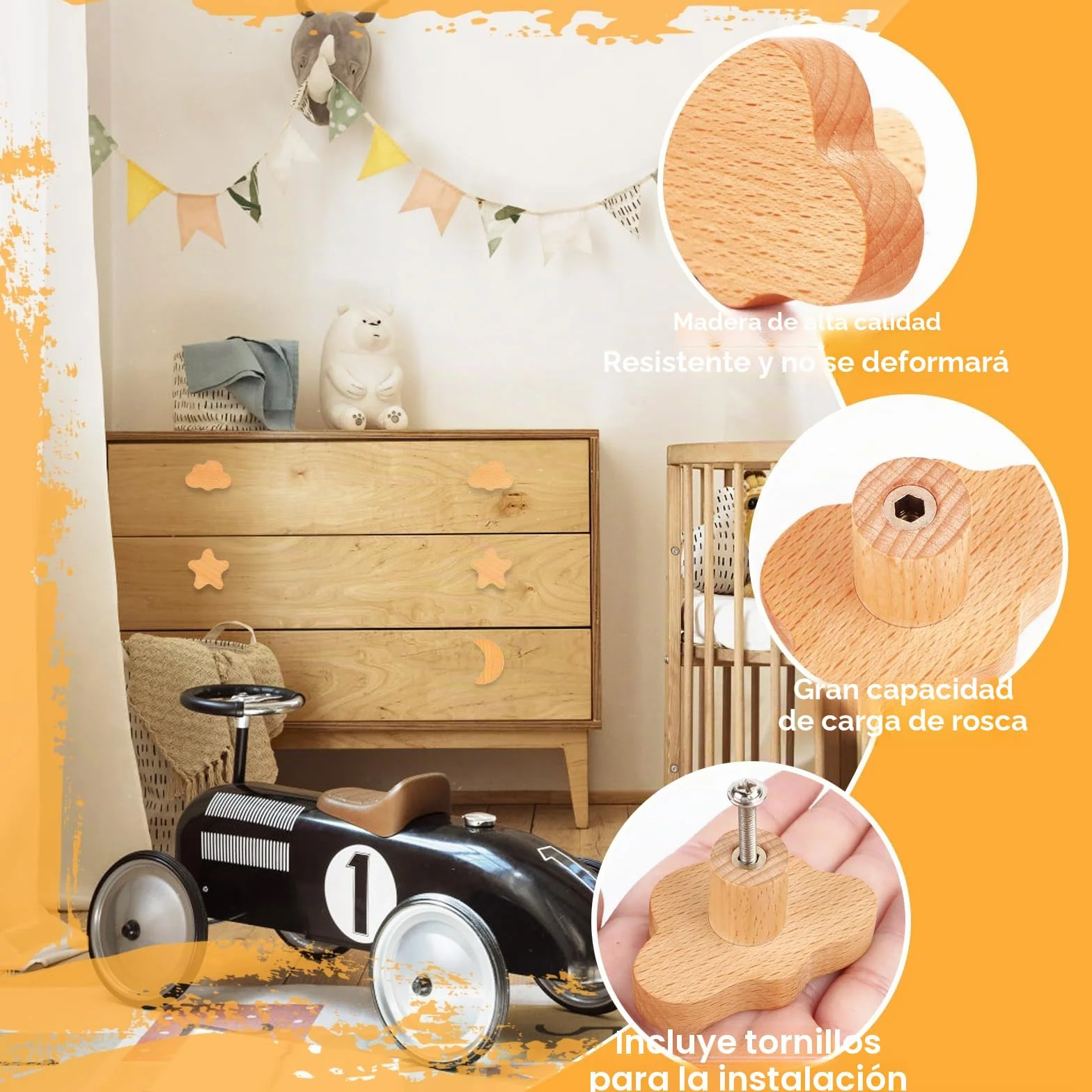 AKONE 6 pomos de madera para armarios infantiles, diseño de estrellas, luna, nubes de madera, para armario, cajones, decoración natural, cajón, habitación de los niños