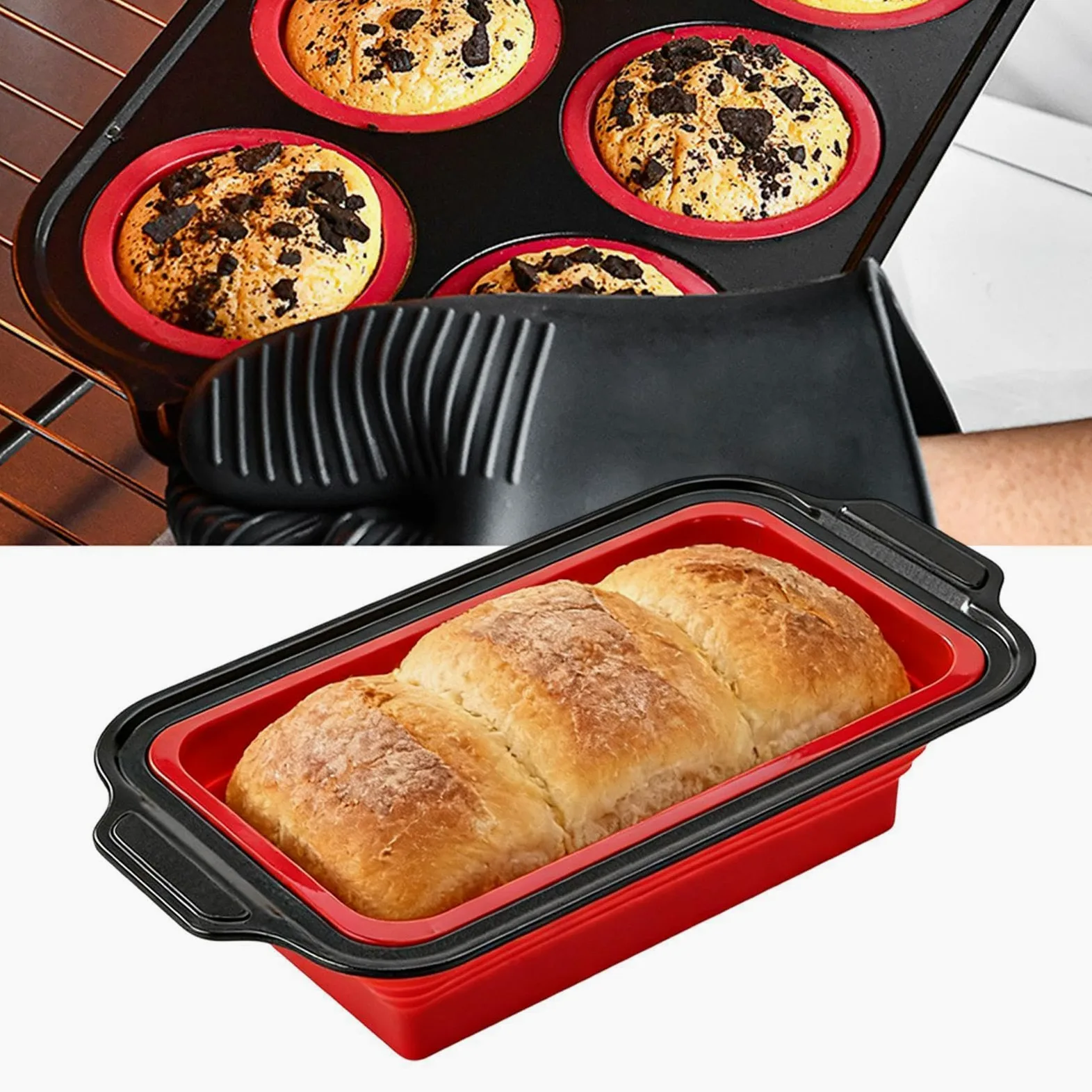 Genérico Molde de Silicona para Hornear Vajilla Flexible para Hornear | Incluye Guante, Espátula y Cepillo Resistente al Lavavajillas, para Magdalenas, Pan, Galletas, Cupcakes, Huevos, Donuts y