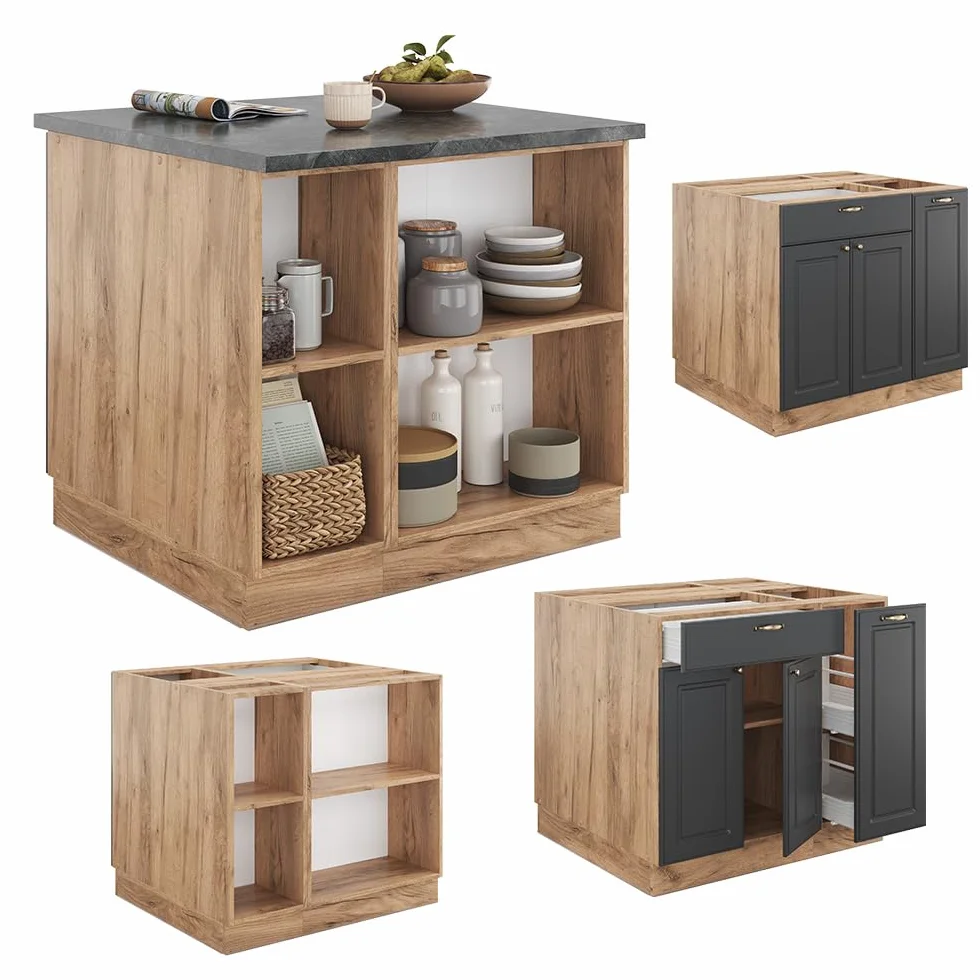 Vicco Isla de Cocina Fame-Line, Antracita Casa de Campo/Roble Kraft Dorado, 90 cm con cajón, sin encimera, Compatible con Otros módulos de la Serie Fame-Line