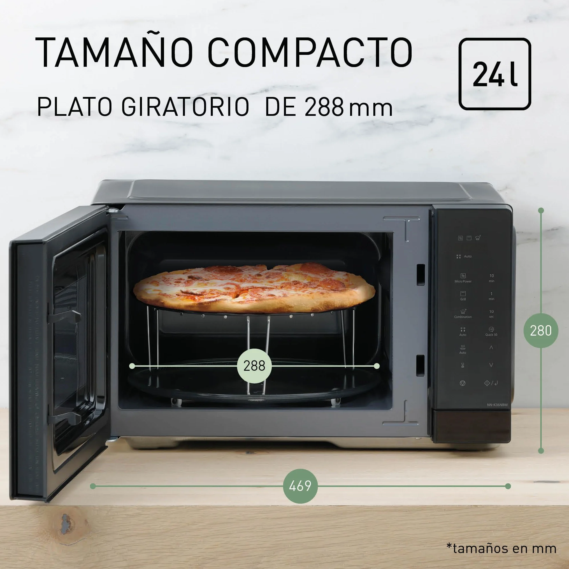 Panasonic NN-K36NBMEPG, Horno Microondas, 24 Litros, 900W de Potencia, 8 Programas Automáticos, Tecnología de Cocción Dual, Función Quick 30, Negro.