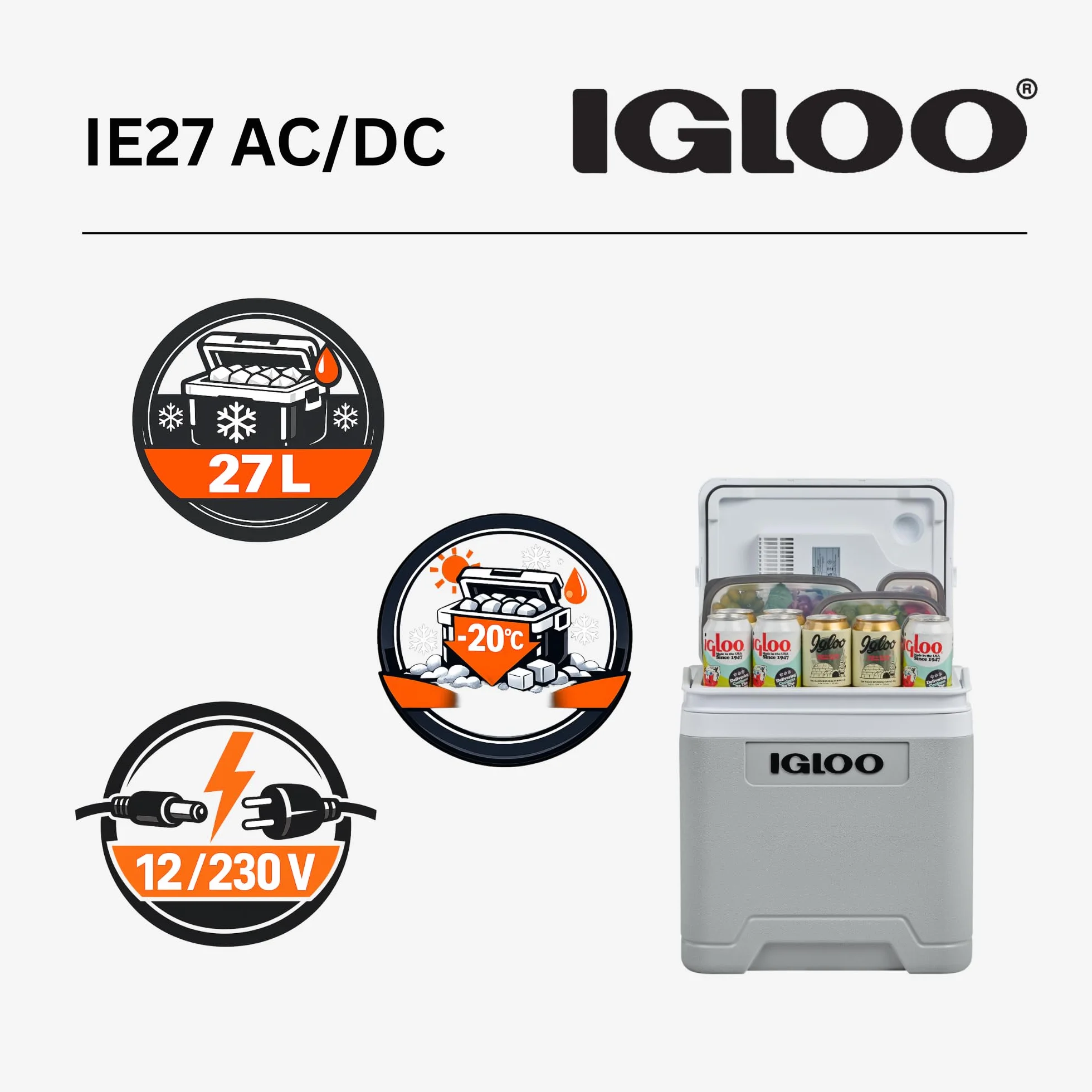 IGLOO IE27 Nevera Eléctrica 12V 230V 27L Mini Frigorífico Compacto Portátil