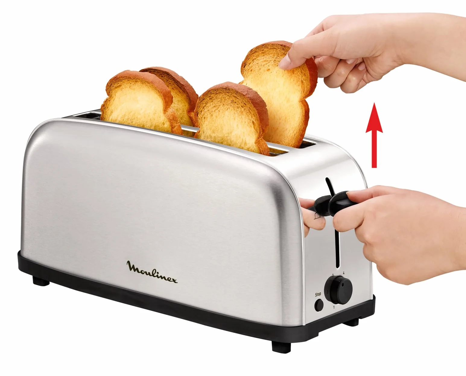 Moulinex Classic, Tostador Acero Inoxidable, 2 Ranuras largas y anchas, 1400 W, 6 Posiciones Tostado, Función Stop, Bandeja Recogemigas, para Todo Tipo de Pan normal, molde, artesano, LS330D