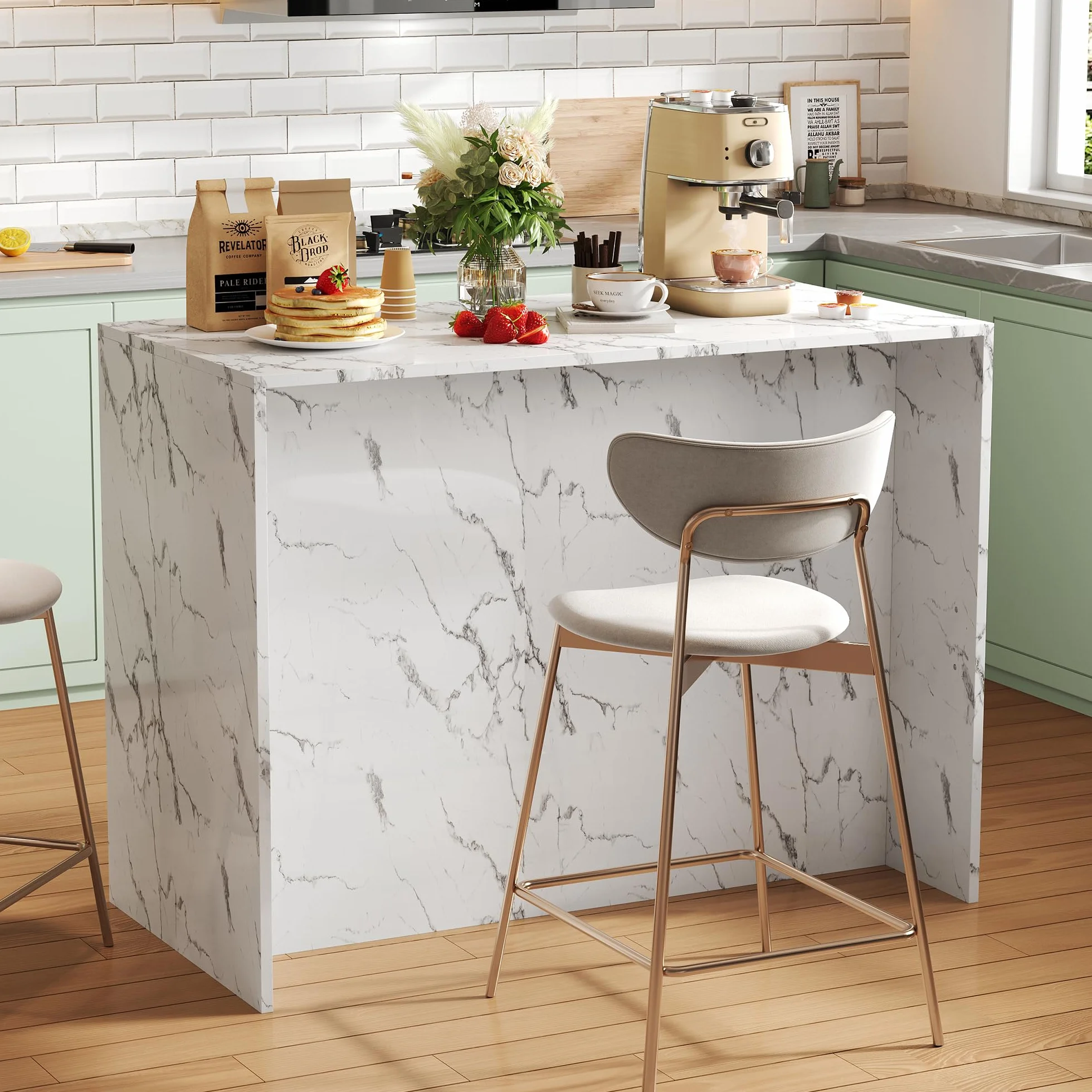 Isla de cocina grande 120 x 60 x 90,5 cm, 3 cajones y 3 puertas, diseño de mármol blanco, estantes ajustables, cajones silenciosos, diseño de área de bar - Utensilios de cocina elegantes y prácticos