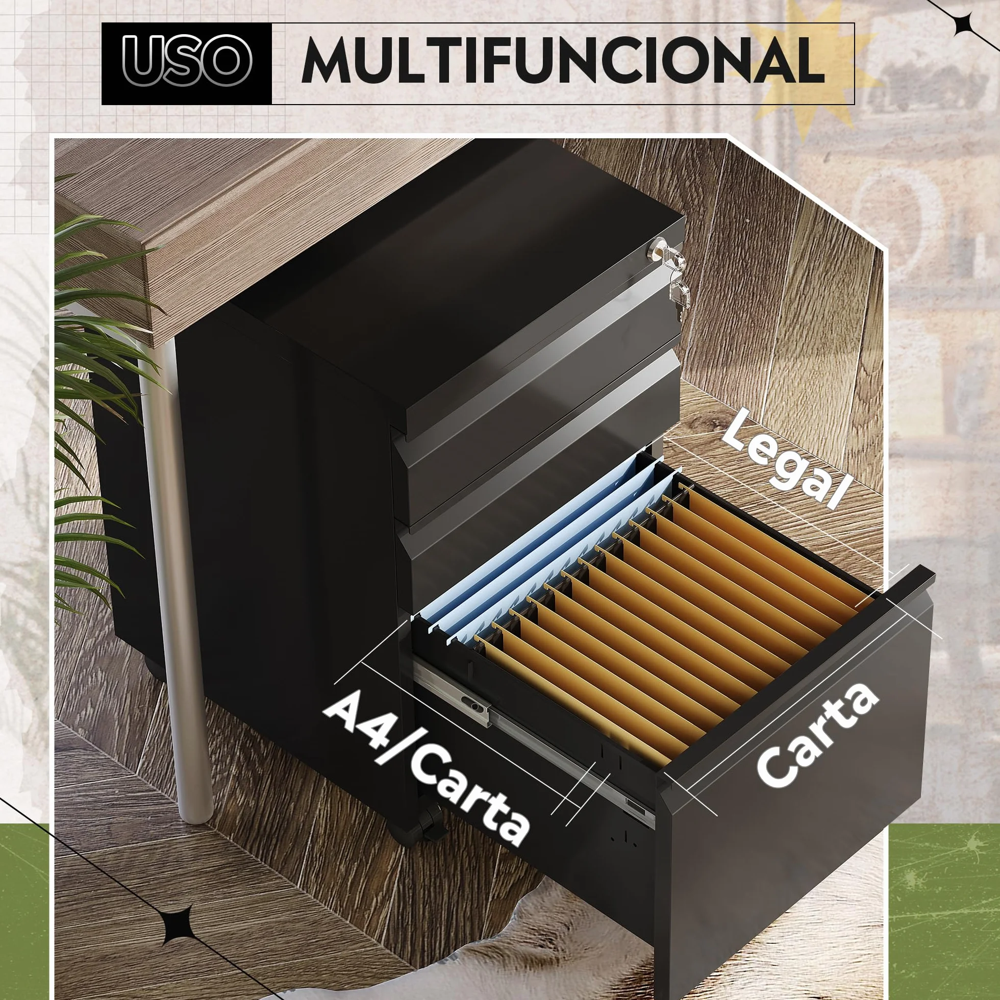 DEVAISE Carro Archivador con Cajones Bloqueables, Mueble Bajo Escritorio Metálico para Impresora, 3 Cajones & Ruedas Giratorias Bloqueables, Negro