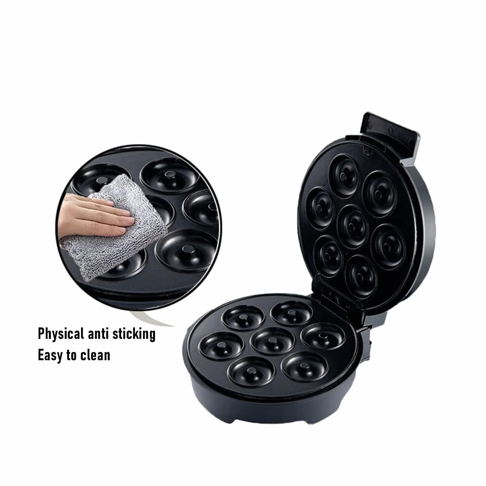Mini Donut Maker, Recubrimiento Antiadherente Donut Maker para 7 Donuts Pequeños, Molde para Hornear Donuts de 1000W para Desayuno Casero Postres Aperitivos
