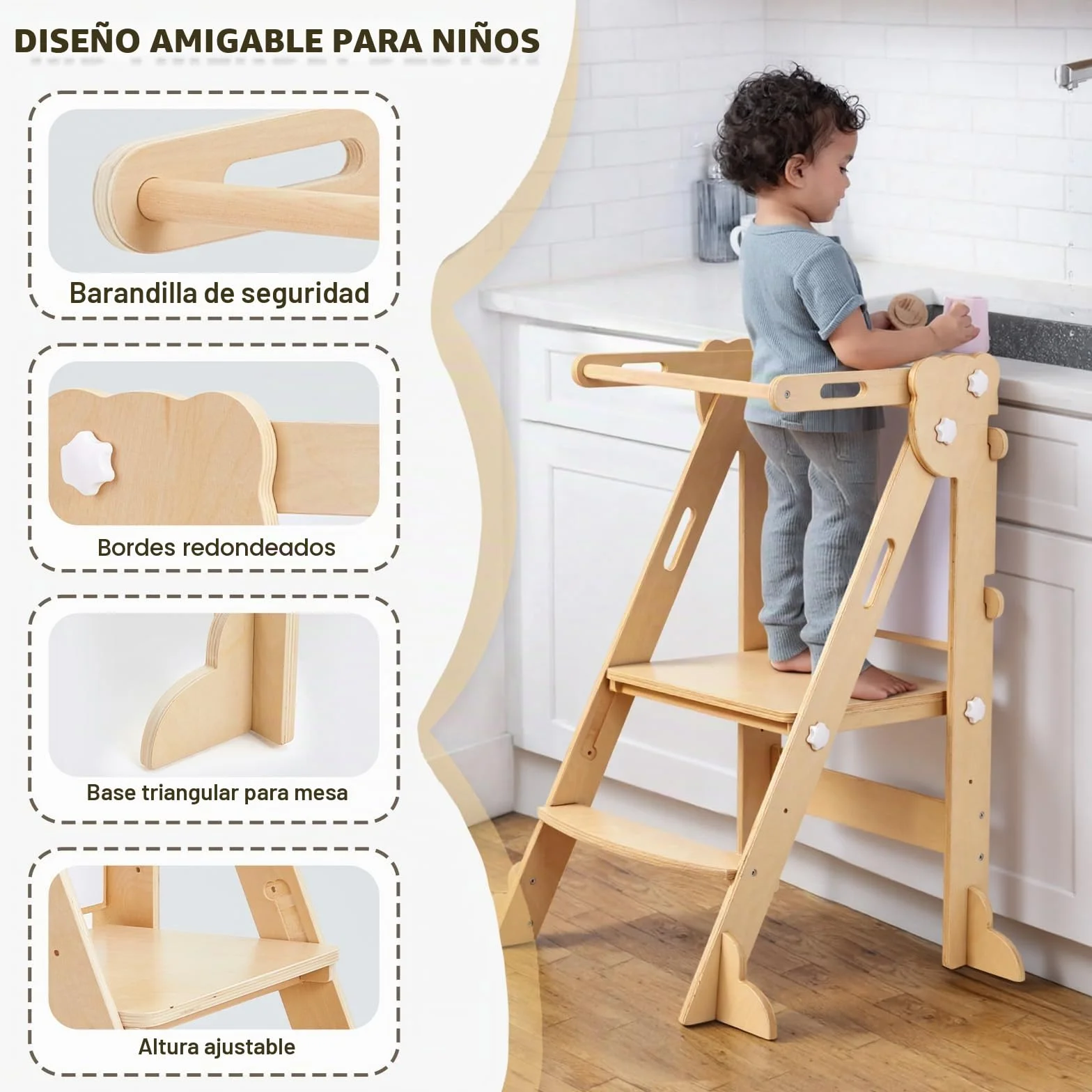 Labebe Torre de Aprendizaje Plegable Niños, Montessori Learning Tower 3 en 1 Multifuncional Ajustable en Altura y Ancho