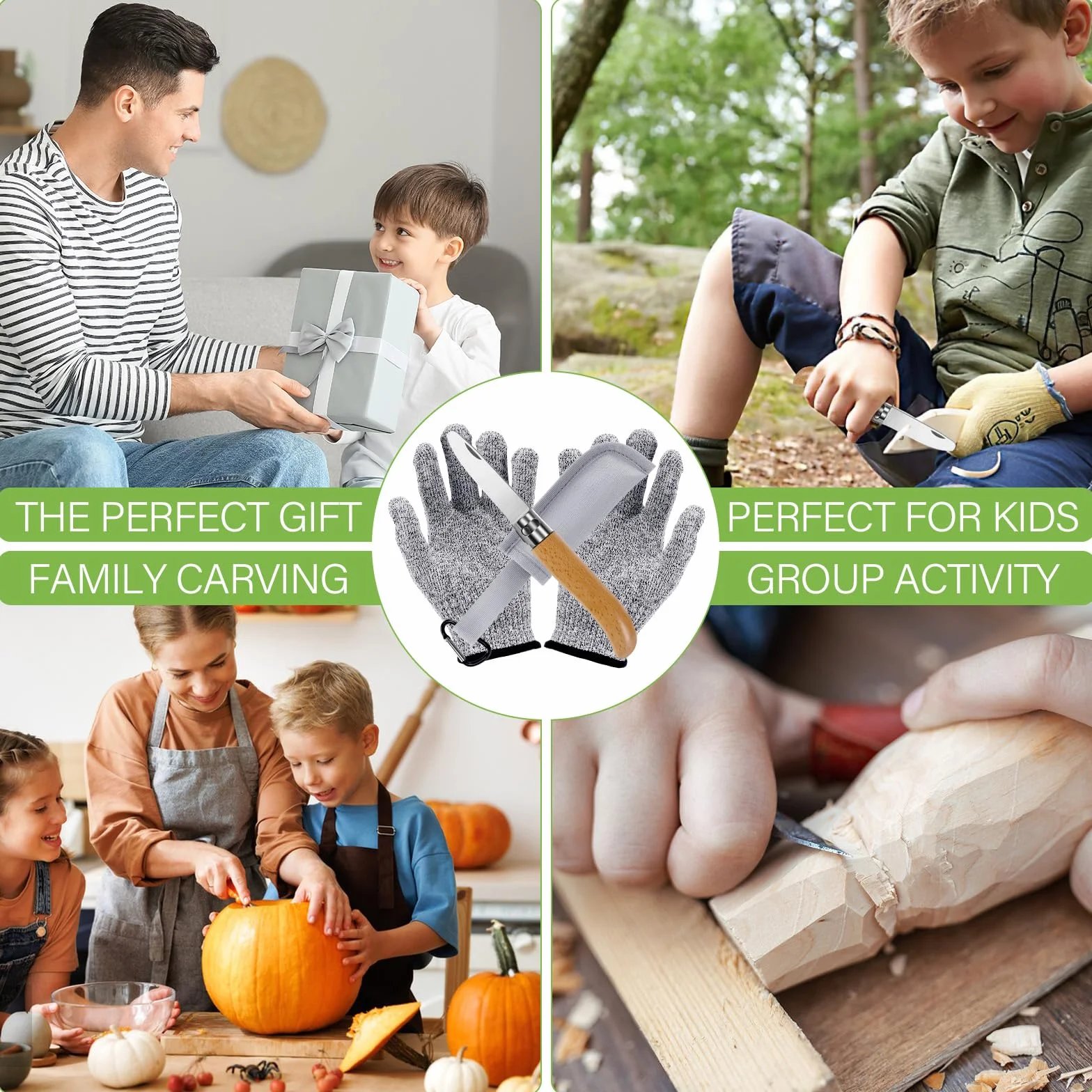 Cuchillo de tallado para niños con mango de madera plegable y guantes
