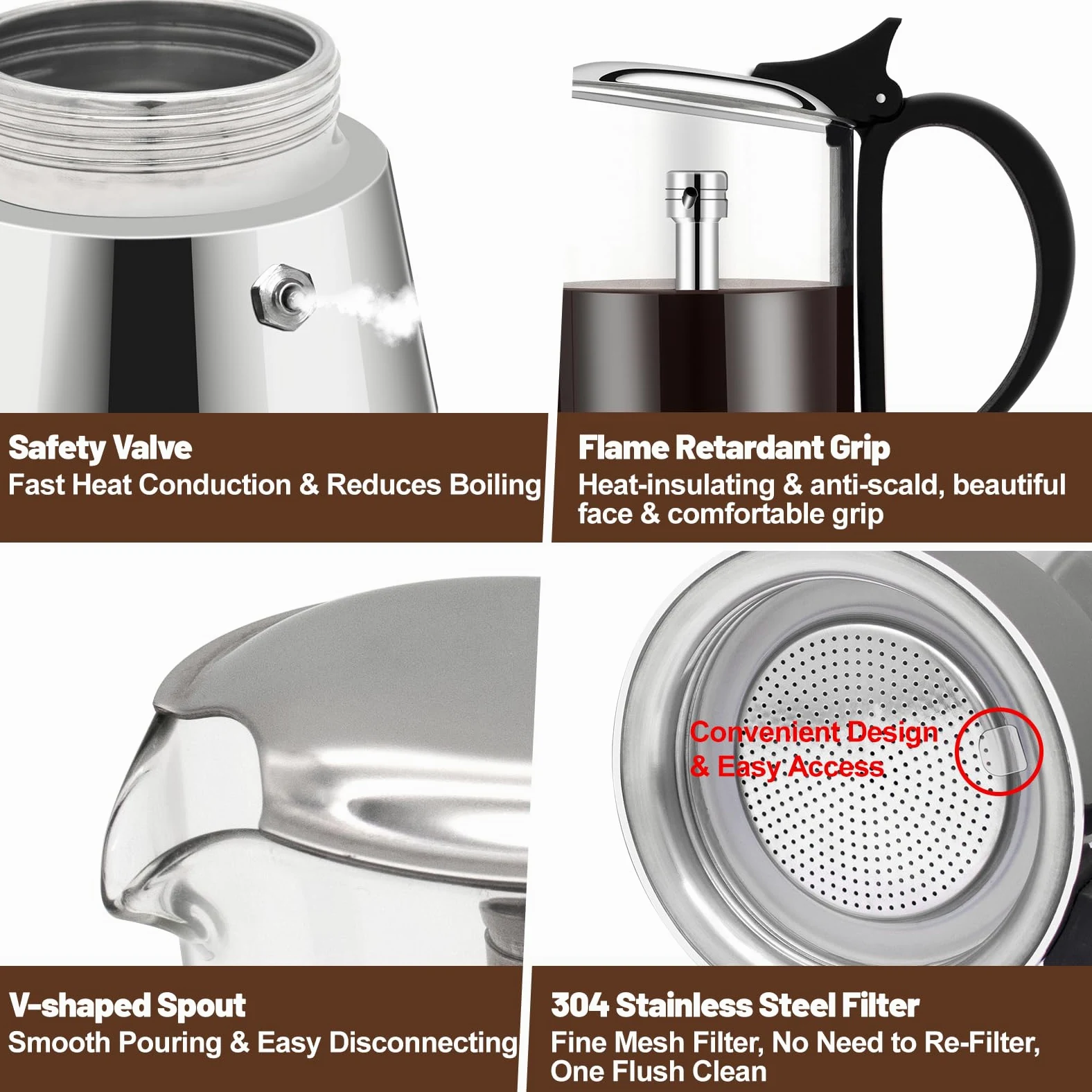 Cafetera Espresso Transparente de Acero Inoxidable 304 Moka Pot Cafetera Espresso Cafetera Percoladora Capaz Cafetera Moka Cafetera Percoladora Para Casa y Camping 6 Taza 350ml