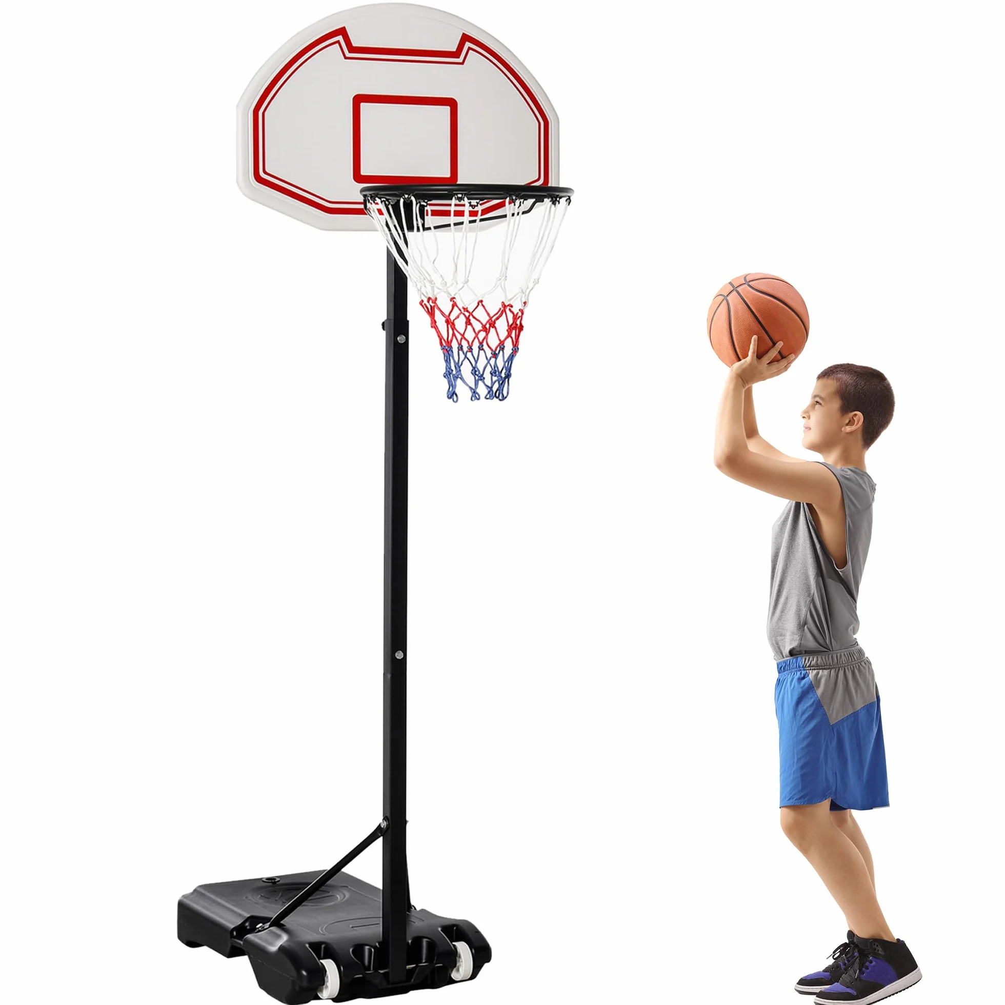 HOMCOM Canasta de Baloncesto de Pie Ajustable 194-249 cm Base Rellenable Agua 30 kg Arena 35 kg Ruedas Transporte Multicolor