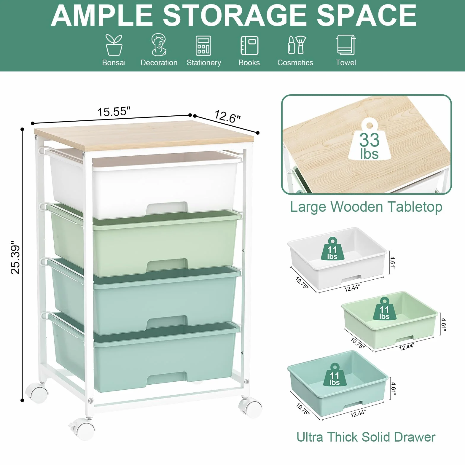 SYKIARIOL Carro con ruedas de 4 cajones, carrito de almacenamiento multiusos con ruedas con tablero de madera, carrito con ruedas para cocina, salón, dormitorio, fácil movimiento, gran capacidad,verde