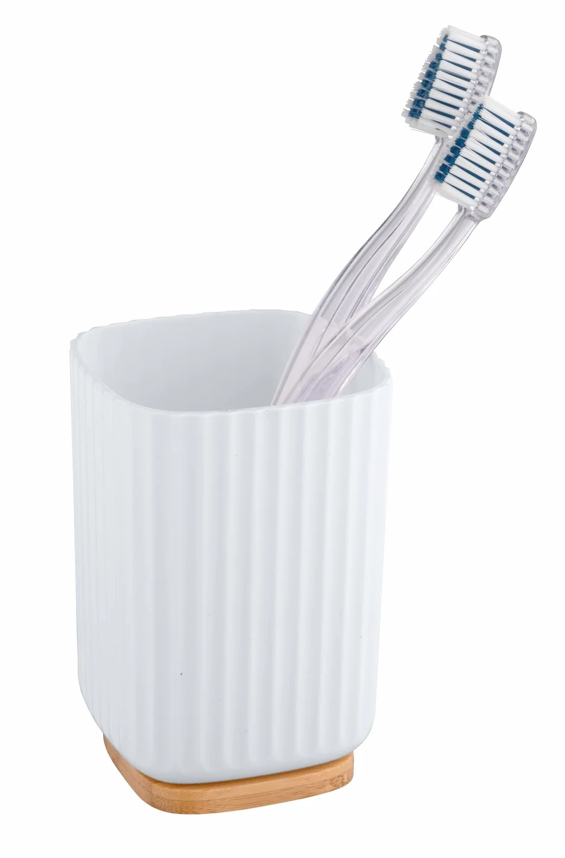 WENKO Vaso para el cepillo de dientes Rotello, portacepillos de plástico py base de bambú, para guardar utensilios, estructura acanalada de fácil sujeción, Ø 8,6 x 11,1 cm, blanco/natural