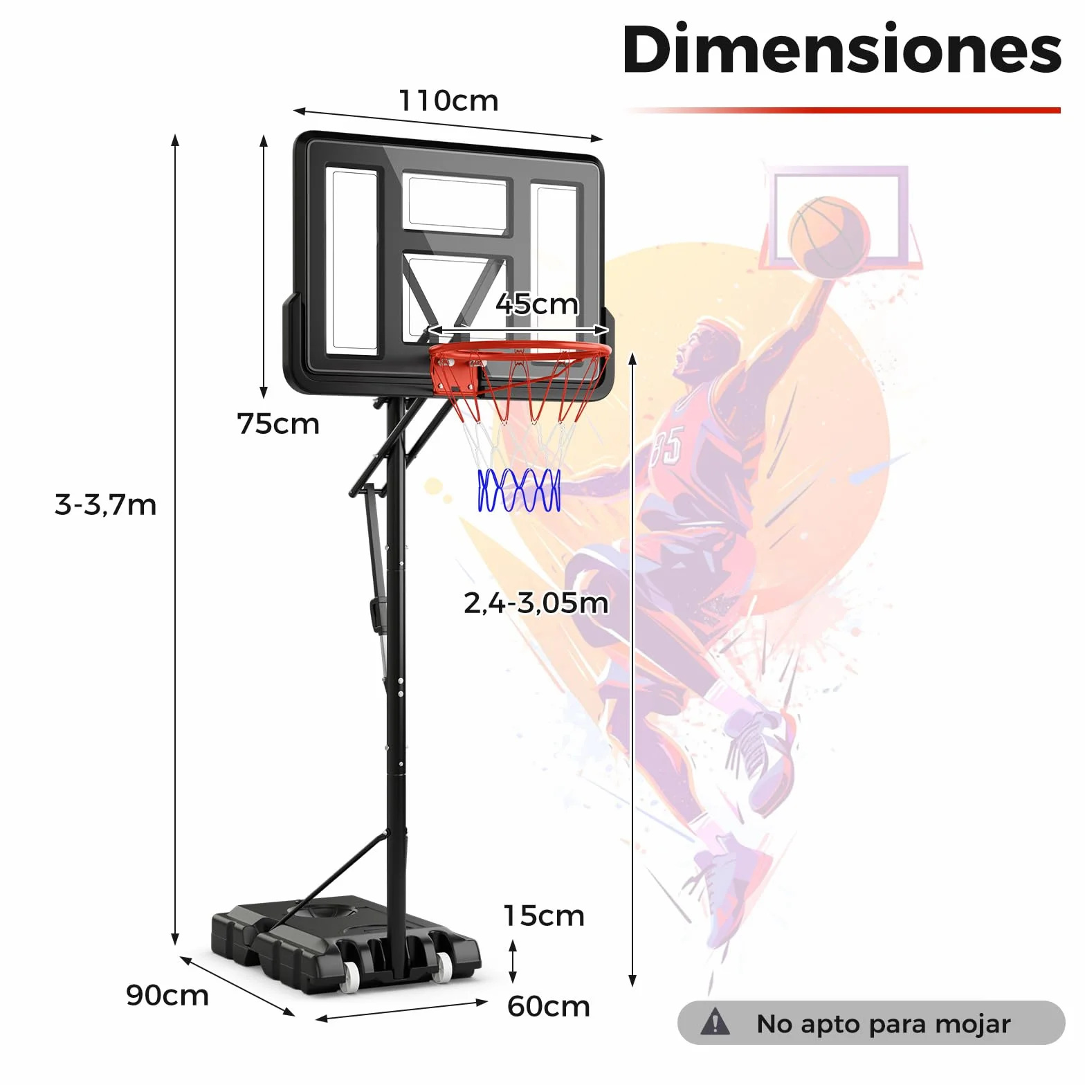 COSTWAY Canasta de Baloncesto Altura Ajustable 240-305cm Base Rellenable Portátil con Ruedas