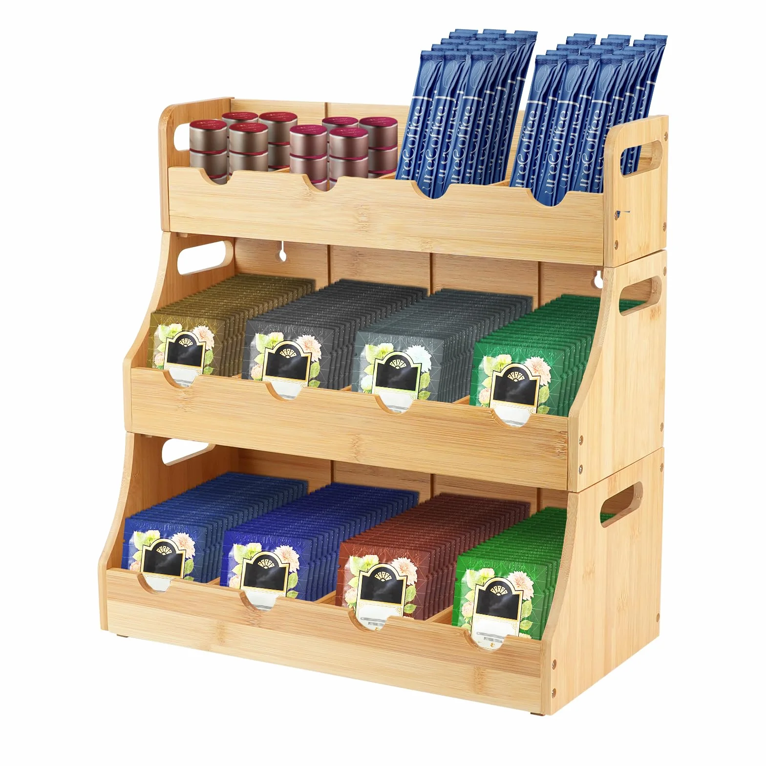 Organizador de Bolsas de Té De Vertical de Bambú, Apilable de 3 Niveles Caja Infusiones, para Colgar En La Pared Caja Te De con 12 Compartimentos Extraíbles para Bolsas De Té Café Azúcar