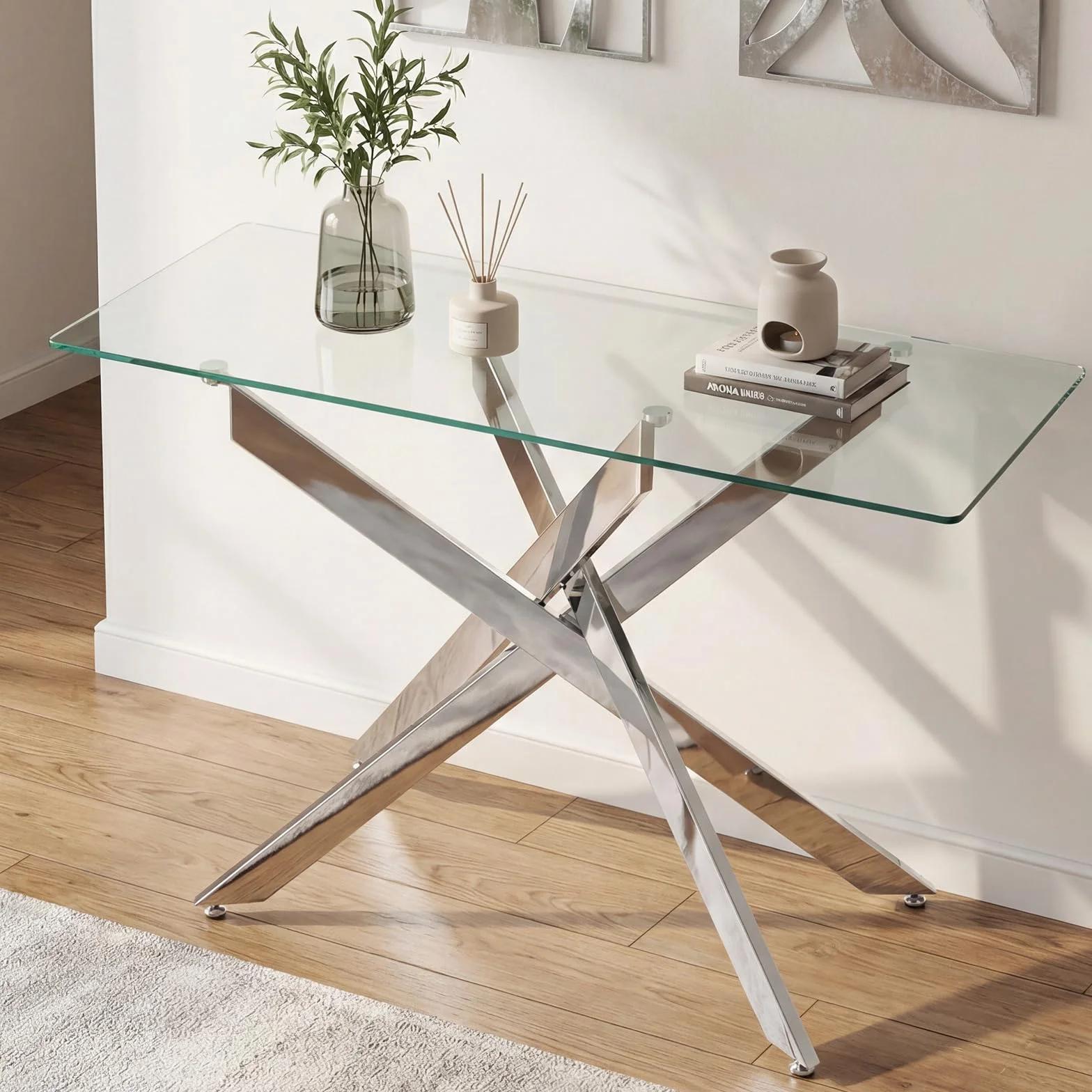 COSTWAY Mesa Consola de Cristal, Mesa de Entrada con Tablero de Cristal Templado y Patas Tubulares de Metal, Mesita Ayxiliar para Salón Pasillo Entrada, 115 x 45 x 78 cm (Plata)