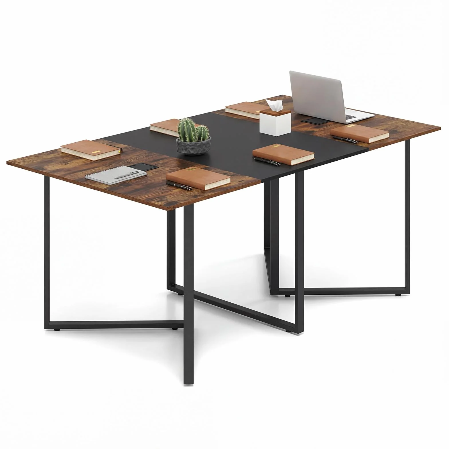 GYMAX Escritorio para Ordenador de 180 cm, Mesa de Conferencias para 6-8 Personas, Gran Mesa Rectangular con 2 Pasacables, Estilo Industrial, para Sala de Reuniones, Sala de Juntas, Oficina