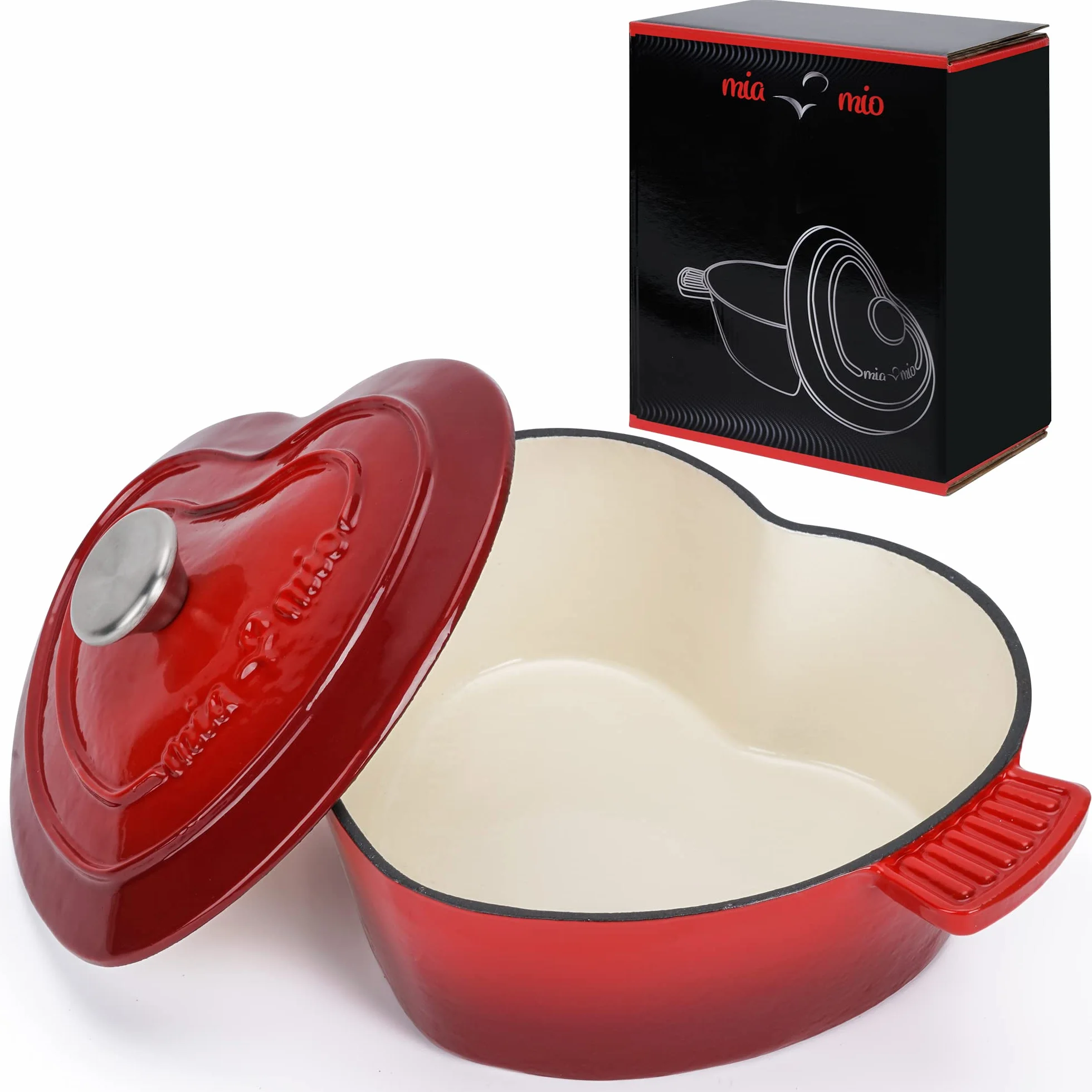 MIAMIO - Olla de hierro esmaltado (3 l), con tapa, corazón, Dutch oven | Olla de hierro fundido esmaltado apta para inducción y horno; Dutch oven con tapa, forma de corazón, regalo para Navidad