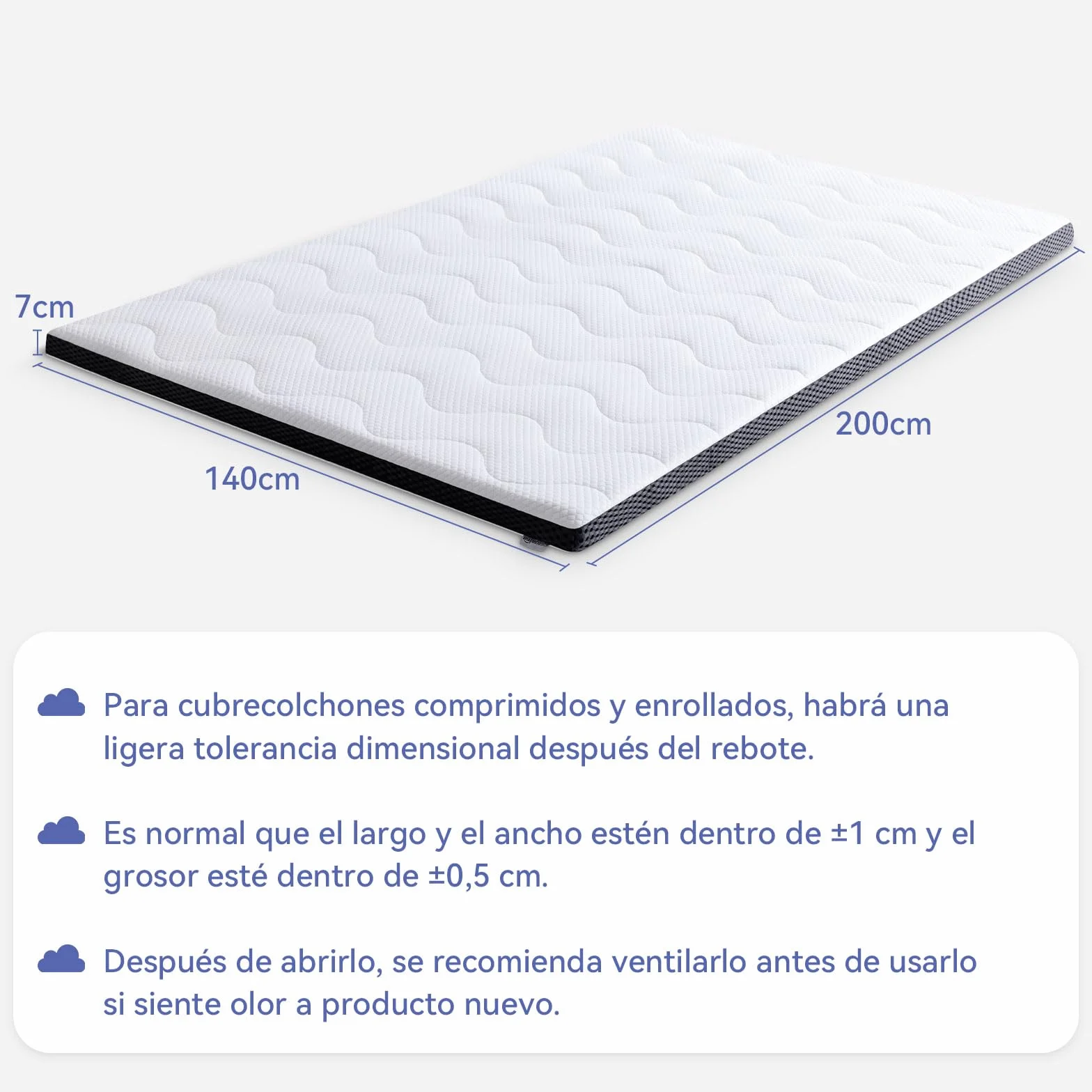 Amazon Basics Colchón de Espuma viscoelástica con Gel refrescante Topper, Funda removible y Lavable, 140 x 200 cm, 7 cm, Blanco