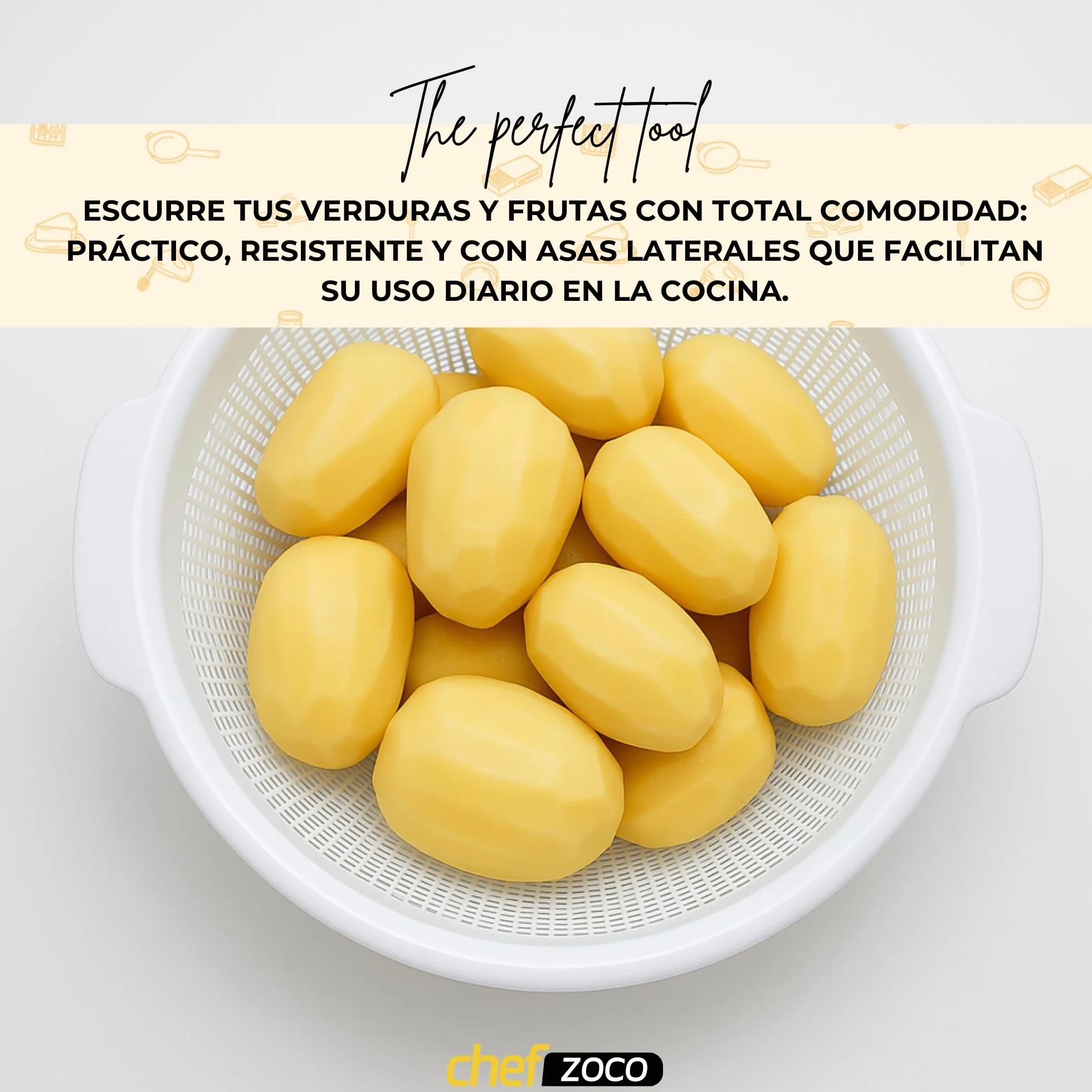 CHEFZOCO Escurridor de plástico, Colador de cocina, Colador multiusos, escurridor pasta, escurridor para frutas y verduras, Diámetro superior 23 cm, Libre de BPA, Capacidad 4 Litros, Plástico, Blanco