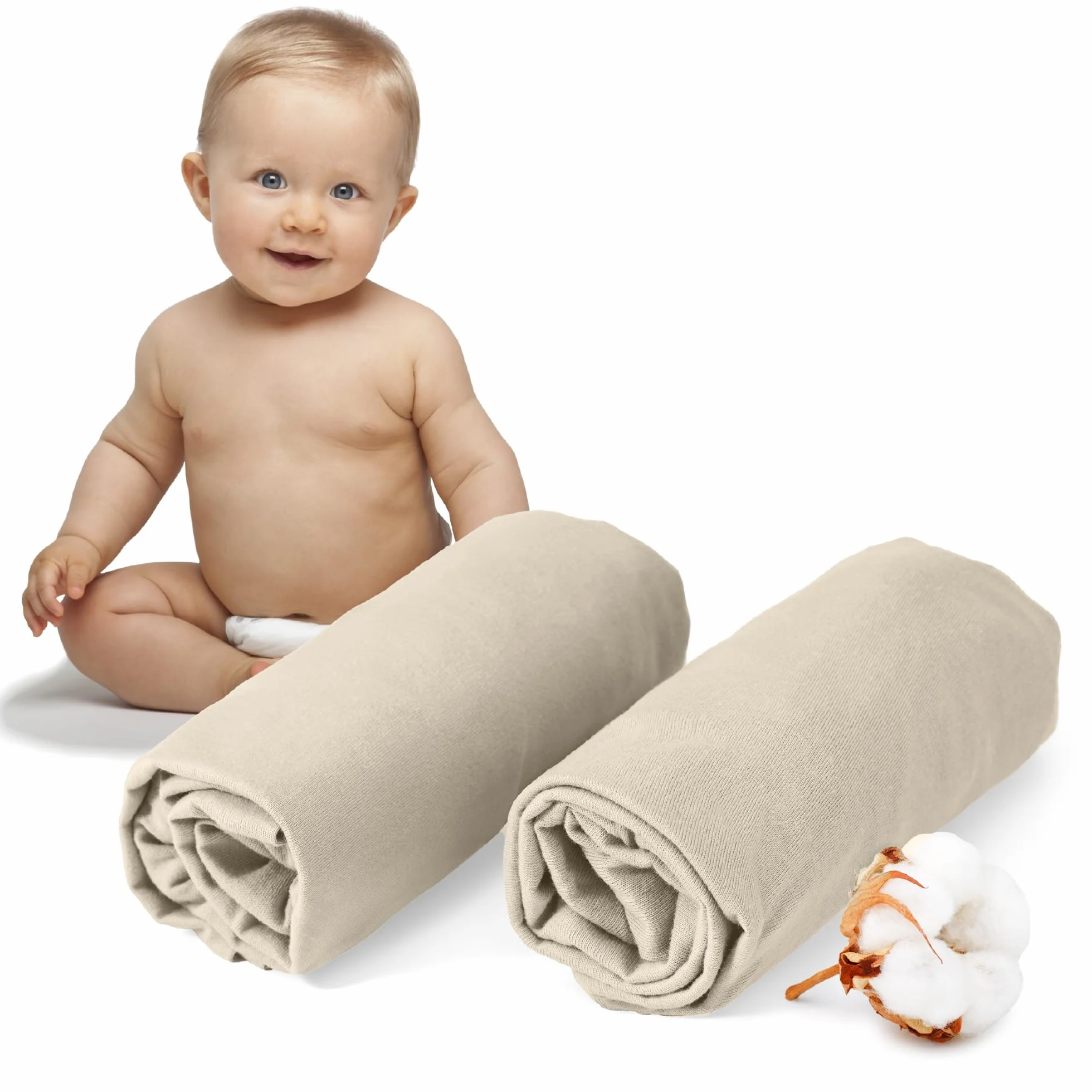Dreamzie - Juego de 2 Sabanas Cuna 60x120/70x140 Algodon Ajustables - Oeko Tex Certificado - Beige - Sabana Bajera Cuna 60x120/70x140 Algodon 100%