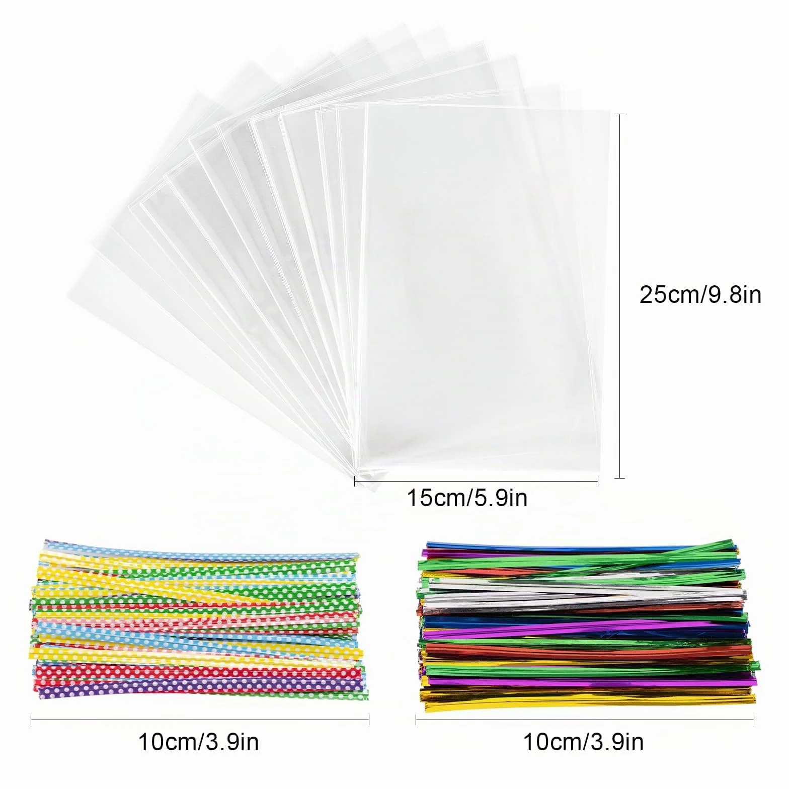 200 bolsas de celofán, 25 x 15 cm, bolsas transparentes para rellenar, bolsas transparentes con 200 cintas metálicas para caramelos, galletas, pan, frutas, etc. Perfecto para fiestas de regalo