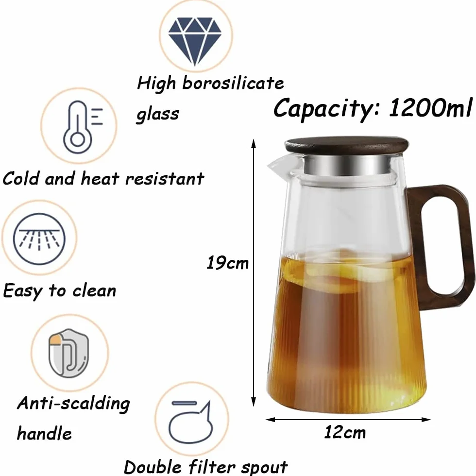 Nff Jarra De Cristal, Jarra De Cristal De 1,2 L con Tapa, con Mango De Madera Jarra De Agua De Cristal Resistente Al Calor Apta For Bebidas, Té Caliente, Café, Leche (Color : A)