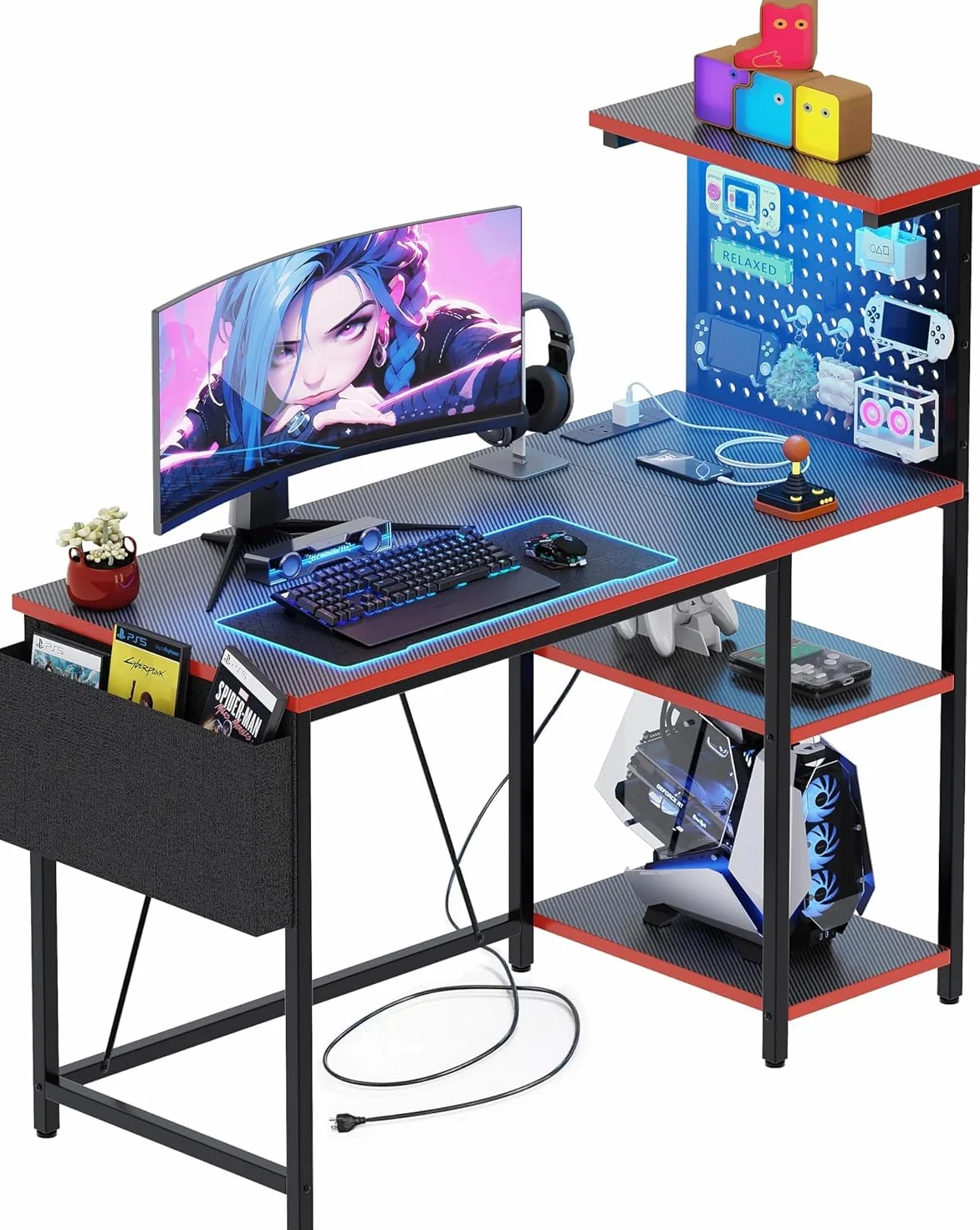 Mesa de Juegos de con Pared Perforada, Enchufe, pequeño Escritorio para Ordenador con estantes Reversibles para Escritorio de Esquina en casa, 120 * 50cm, Negro