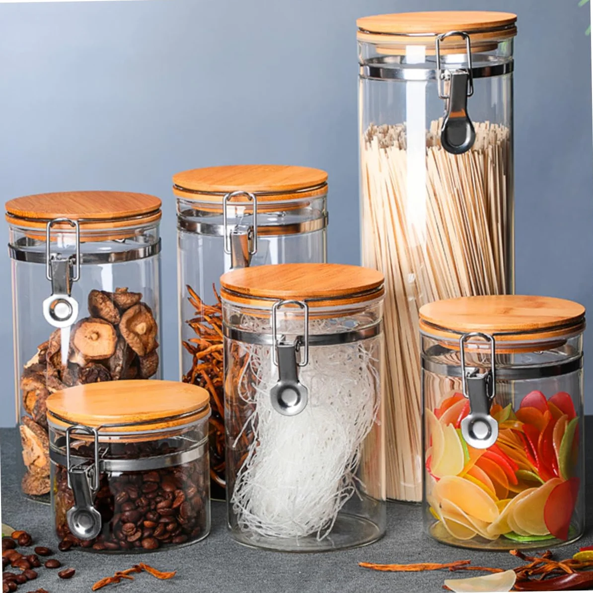 Ipetboom 2 Tarros y Madera para Almacenamiento de Alimentos Tapa de Acero Inoxidable Herméticos de Vidrio 1140ml y 1280ml, Estructura Estable y Prevención de Humedad en Cocina