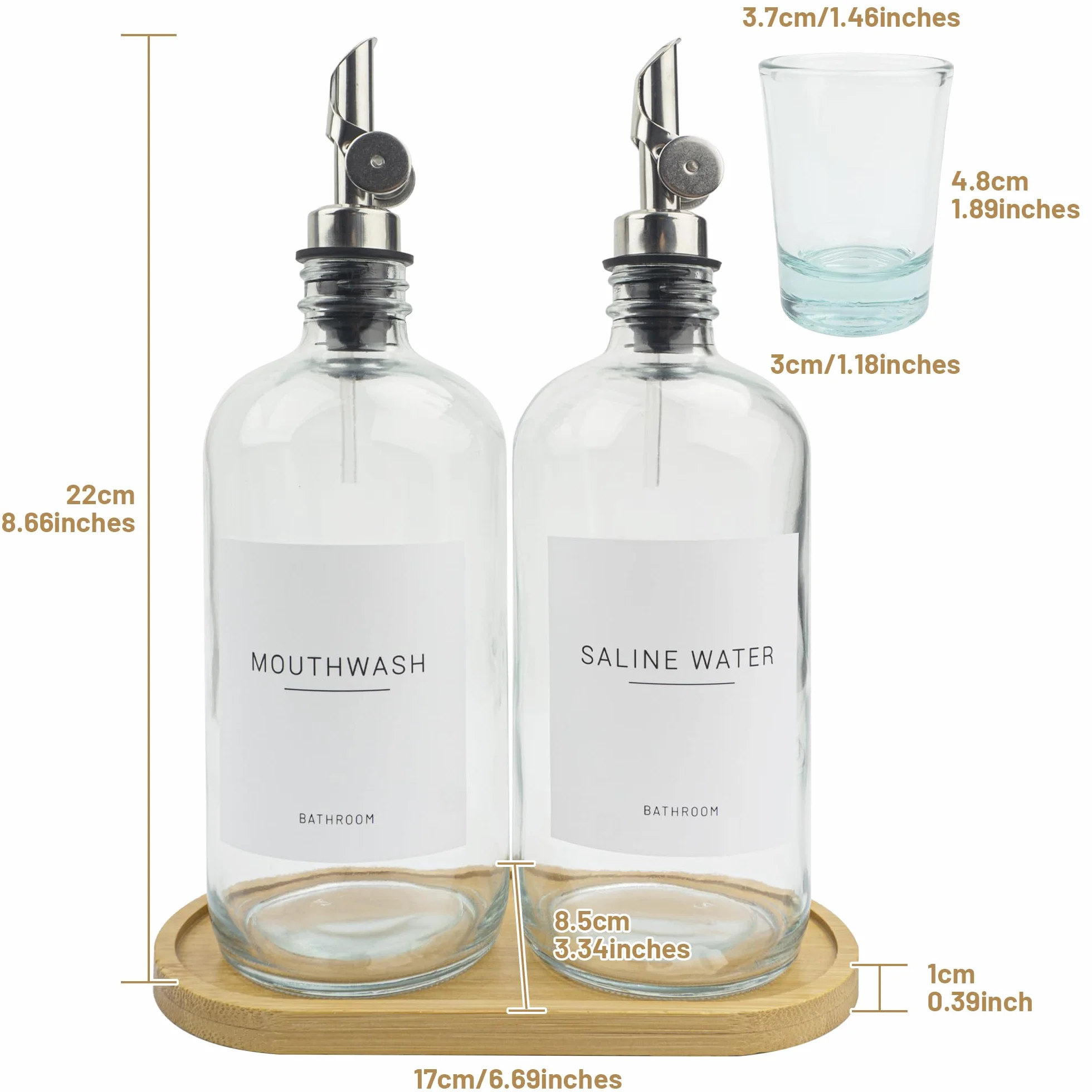 Dispensador de enjuague bucal de vidrio 480 ml, botella transparente con boquilla, taza reutilizable, bandeja de bambú, botellas Boston recargables