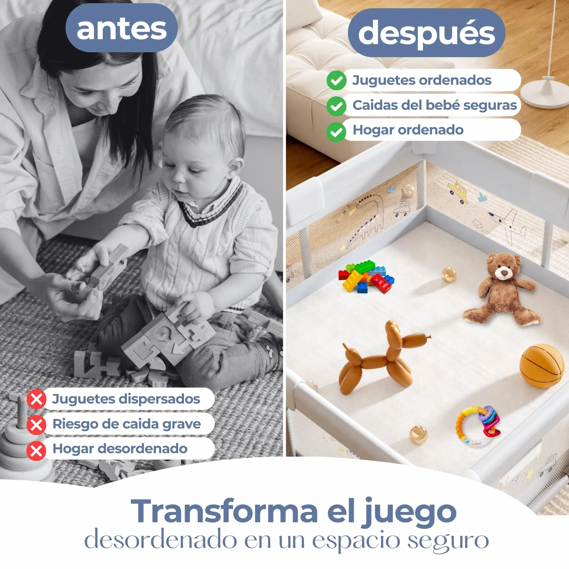 PARVULI Parque Infantil Bebe 120x120cm con Alfombra Acolchada, 6 Agarraderas, Canasta, Bolsa — Corralito Bebe Casa Malla Transpirable