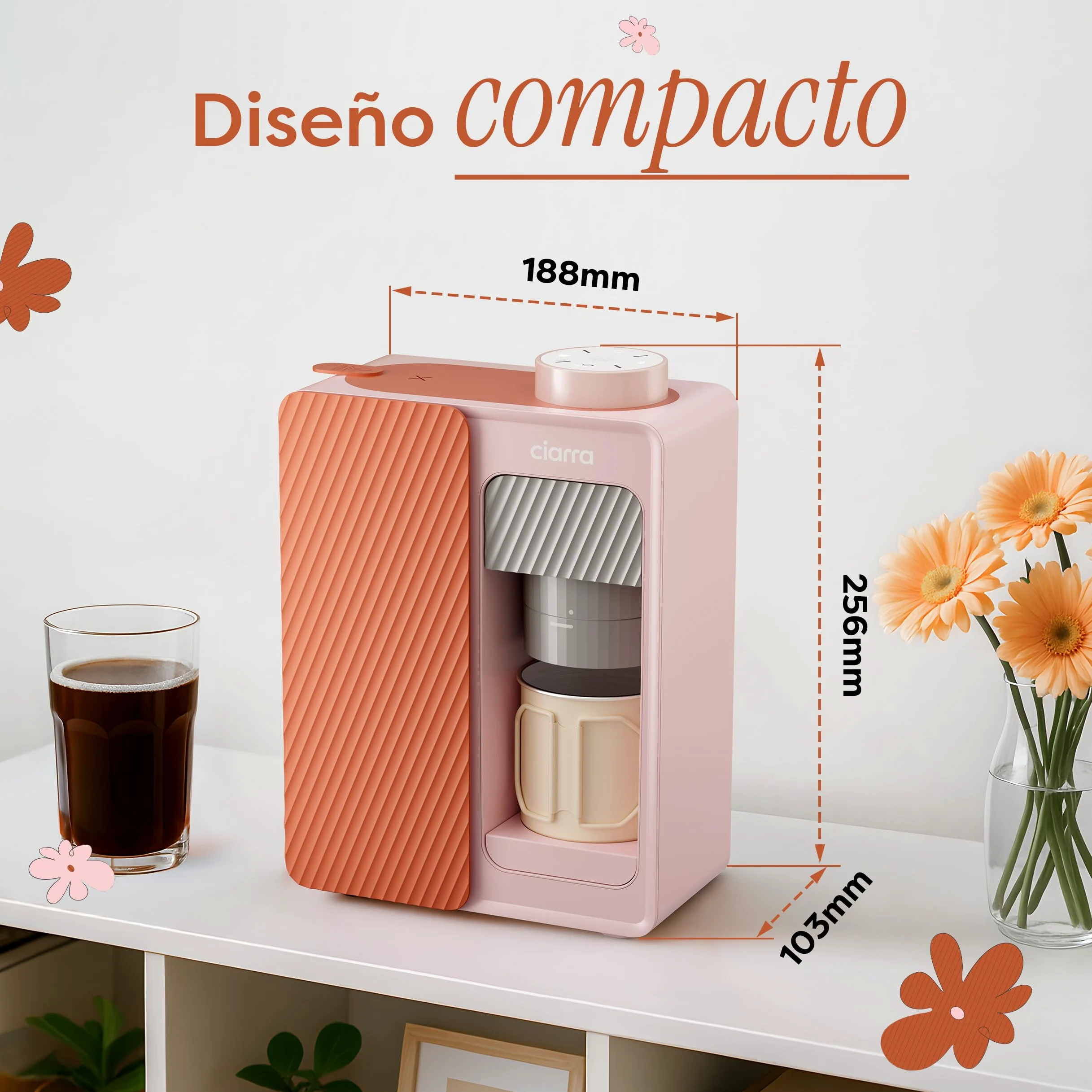 CIARRA BloomBox Cafetera Portátil Espresso de 15 bares Rosa | con Batería y Conexión a la Red Eléctrica, Máquina de Café Recargable Autocalentable para Acampadas y Viajes - CBPCM551-P