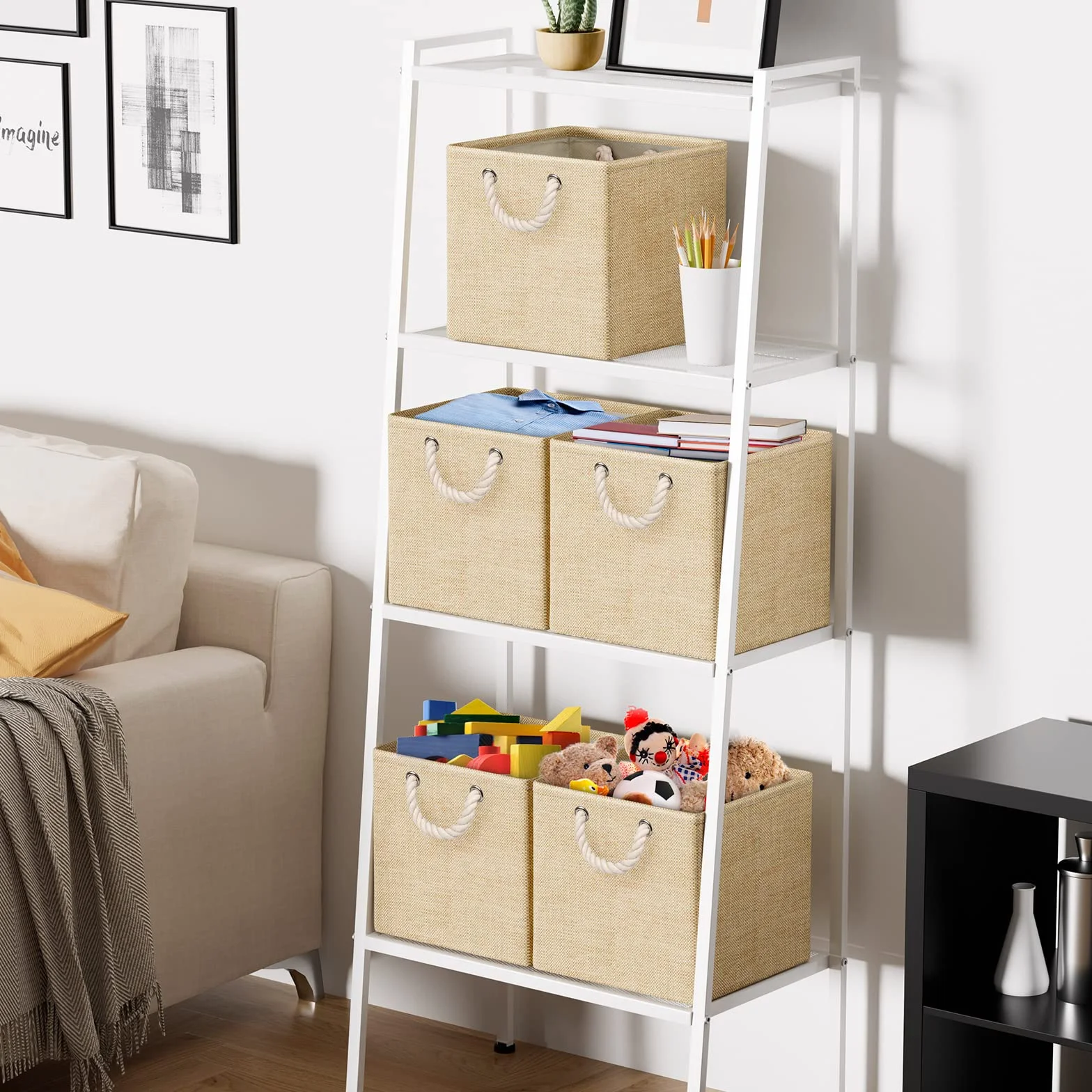 Juego de 4 Cajas Almacenaje, 30 x 30 x 30 cm, Cestas Organizadoras de Tela con Asas, Cubos de Almacenamiento Plegable para Ropa, Juguetes, Libros, Armario y Estanterías (Beige)