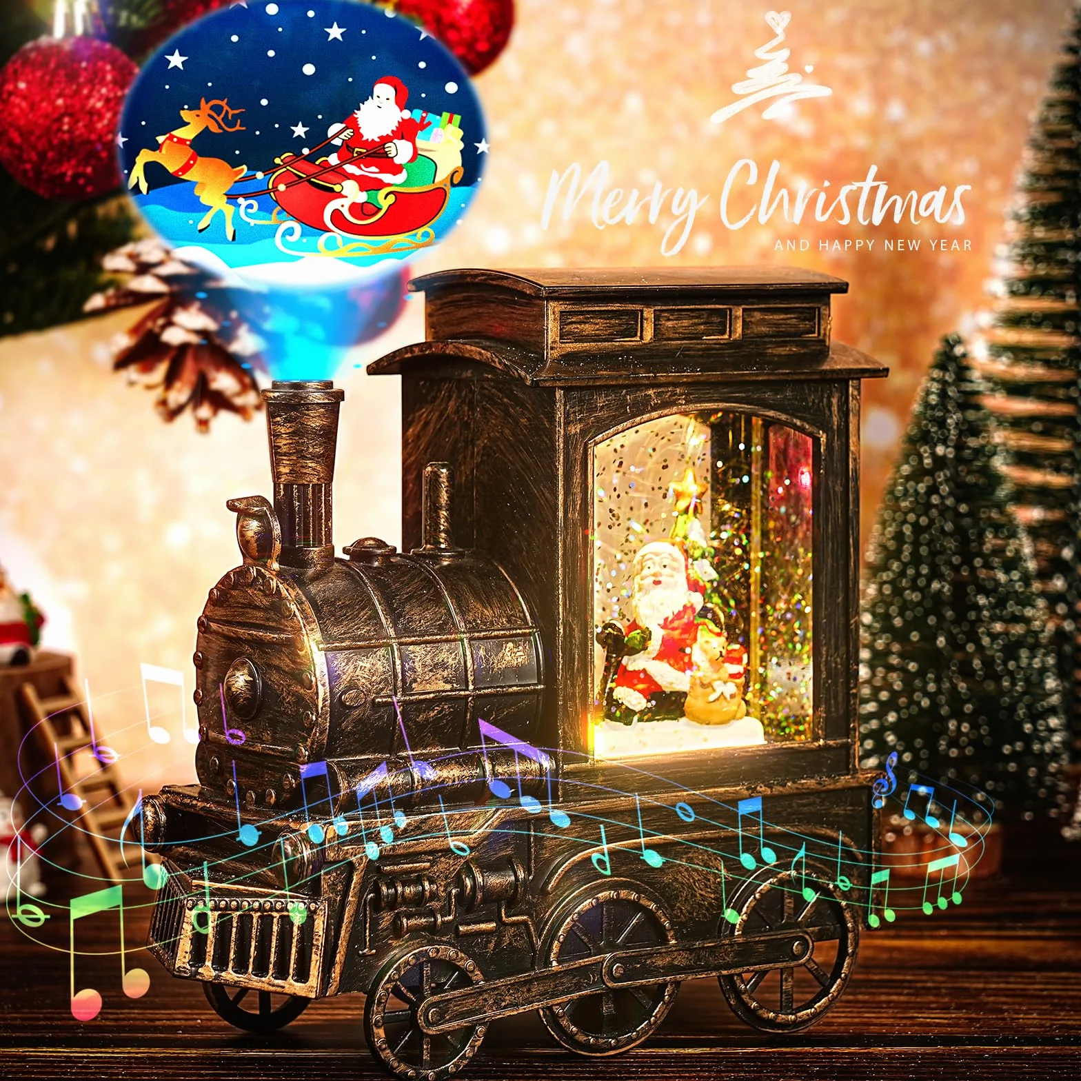 Linterna de Globo de Nieve Navidad con Proyector Dinámico y Música, Farolillo Navidad Retro con Brillo Agua Luz de Noche