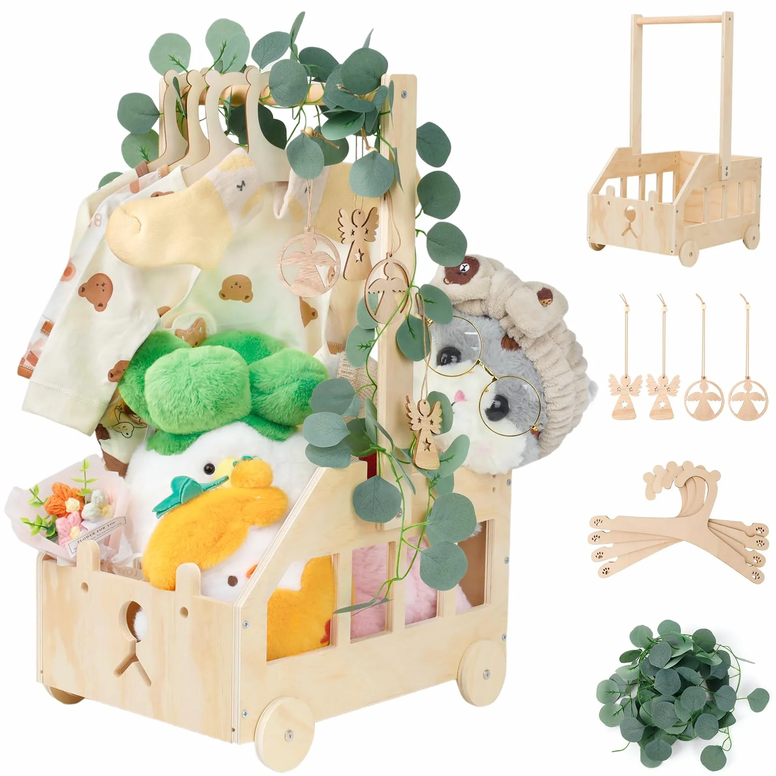 Cesta Madera Baby Shower Regalo Bebé Recién Nacido Niño Niña Armario Bebe Regalos para Baby Shower Bañera para Bebé con Ruedas Vacia Cesta de Madera con Hojas Decorativas Etiqueta de ángel y Perchero