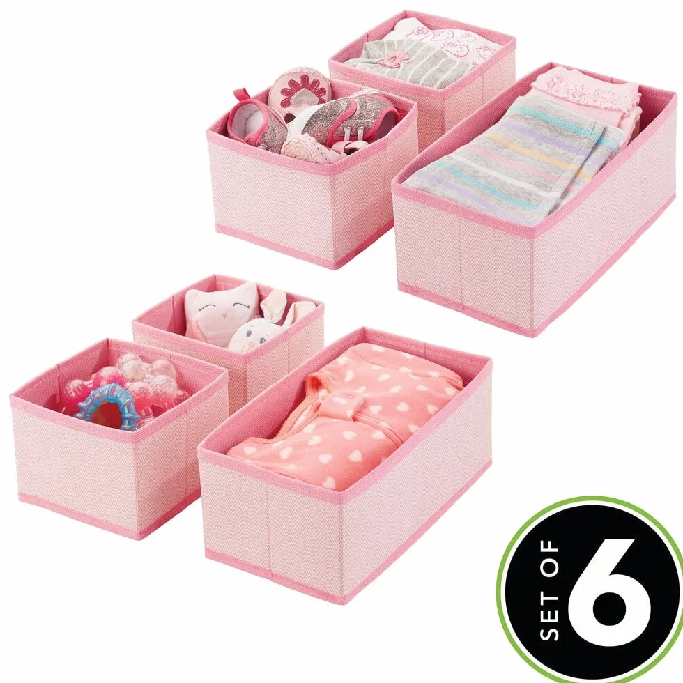 mDesign Juego de 6 cajas organizadoras de tela transpirables con patrón en espiga para habitación infantil - rosa