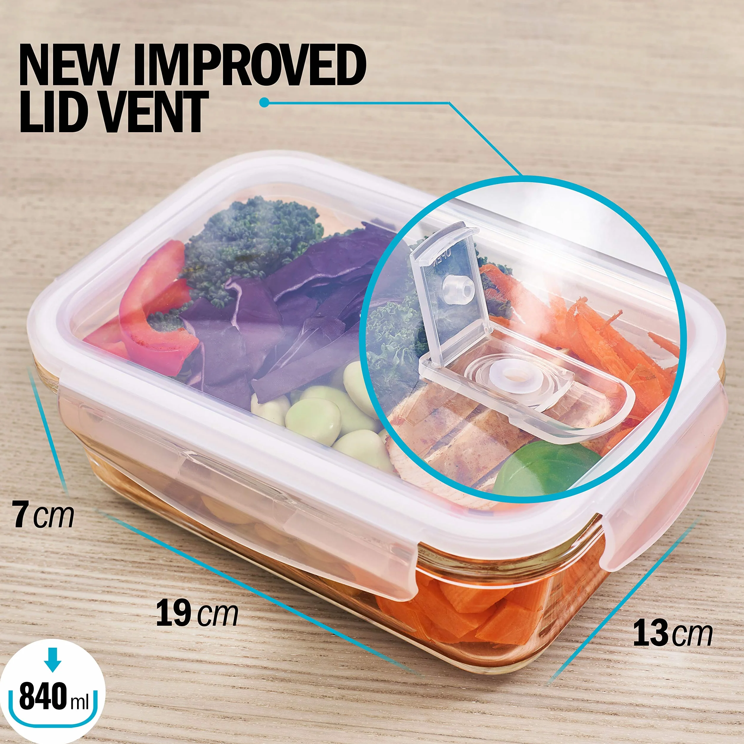 Igluu Meal Prep Recipientes de Cristal (Set de 5 y Tapa Extra) – 840ml | Rectángulo – Con Válvula de Ventilación, Sin BPA – Horno, Freidora de Aire, Microondas y Lavavajillas – Borosilicato