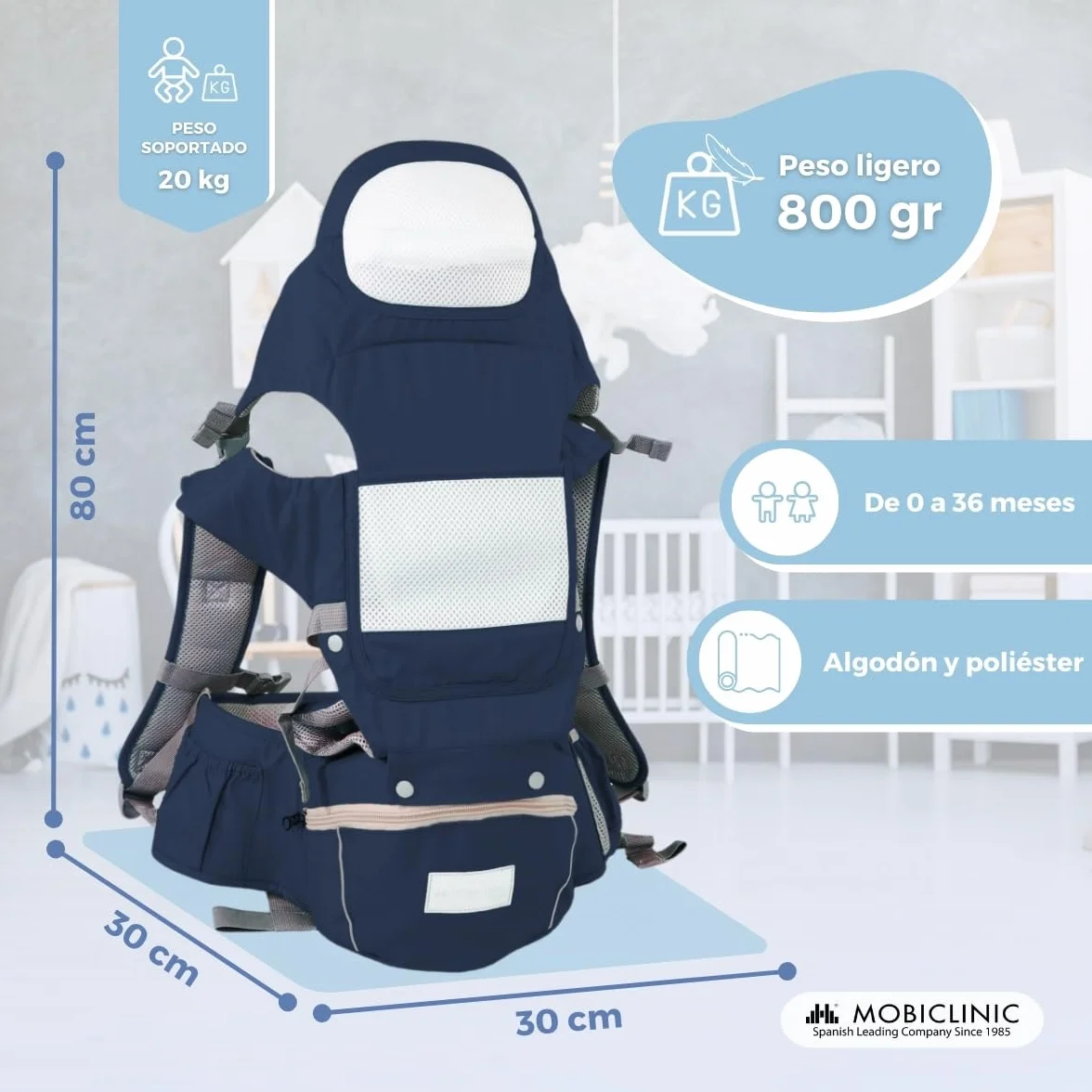 Mobiclinic® Mochila portabebés 6 en 1 Moley Multiposición Plegable Algodón premium suave 0-36 meses azul marino