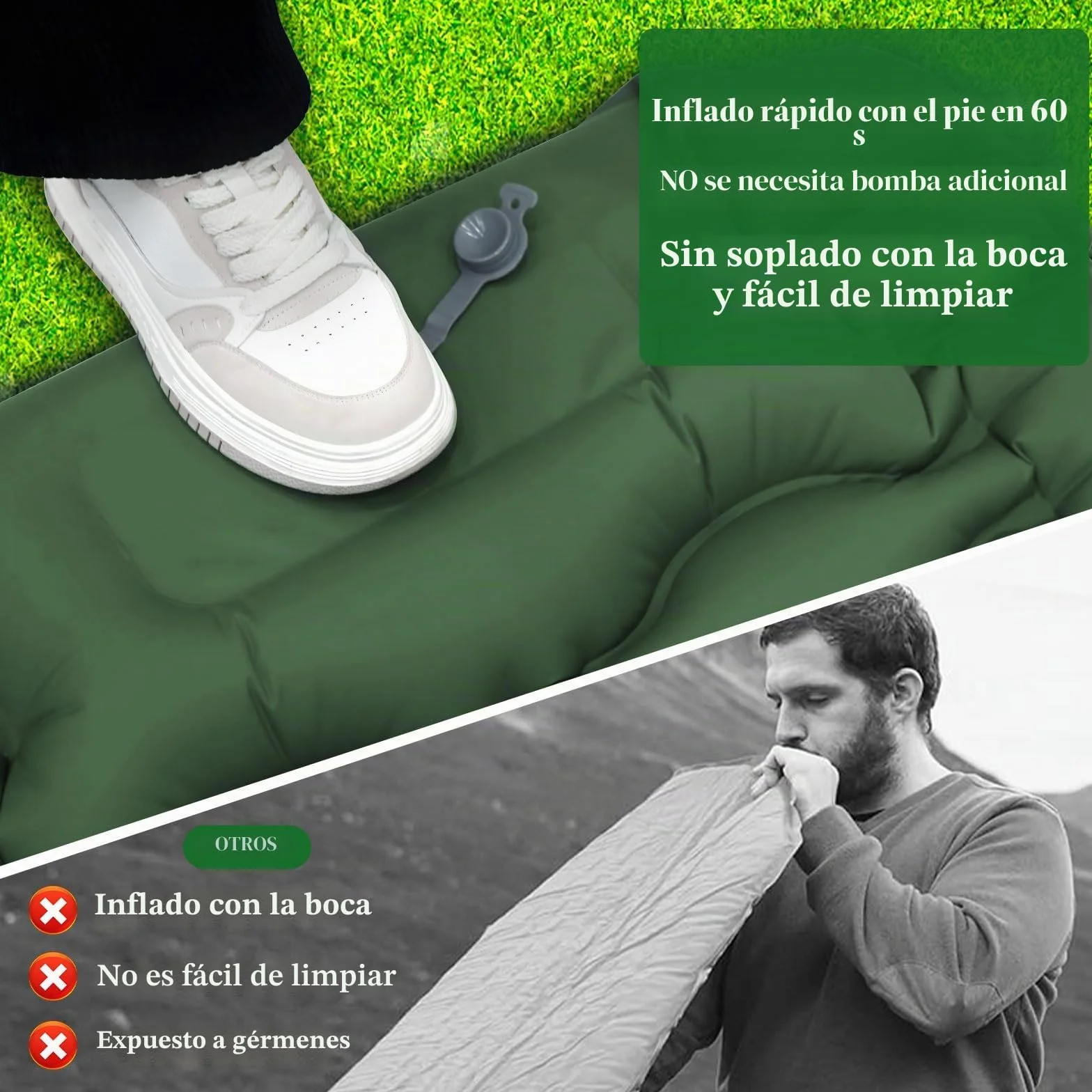 Colchón Hinchable Camping 10 cm Espesor con Almohada y Bomba de Pie, Esterilla Inflable para Dormir, Verde