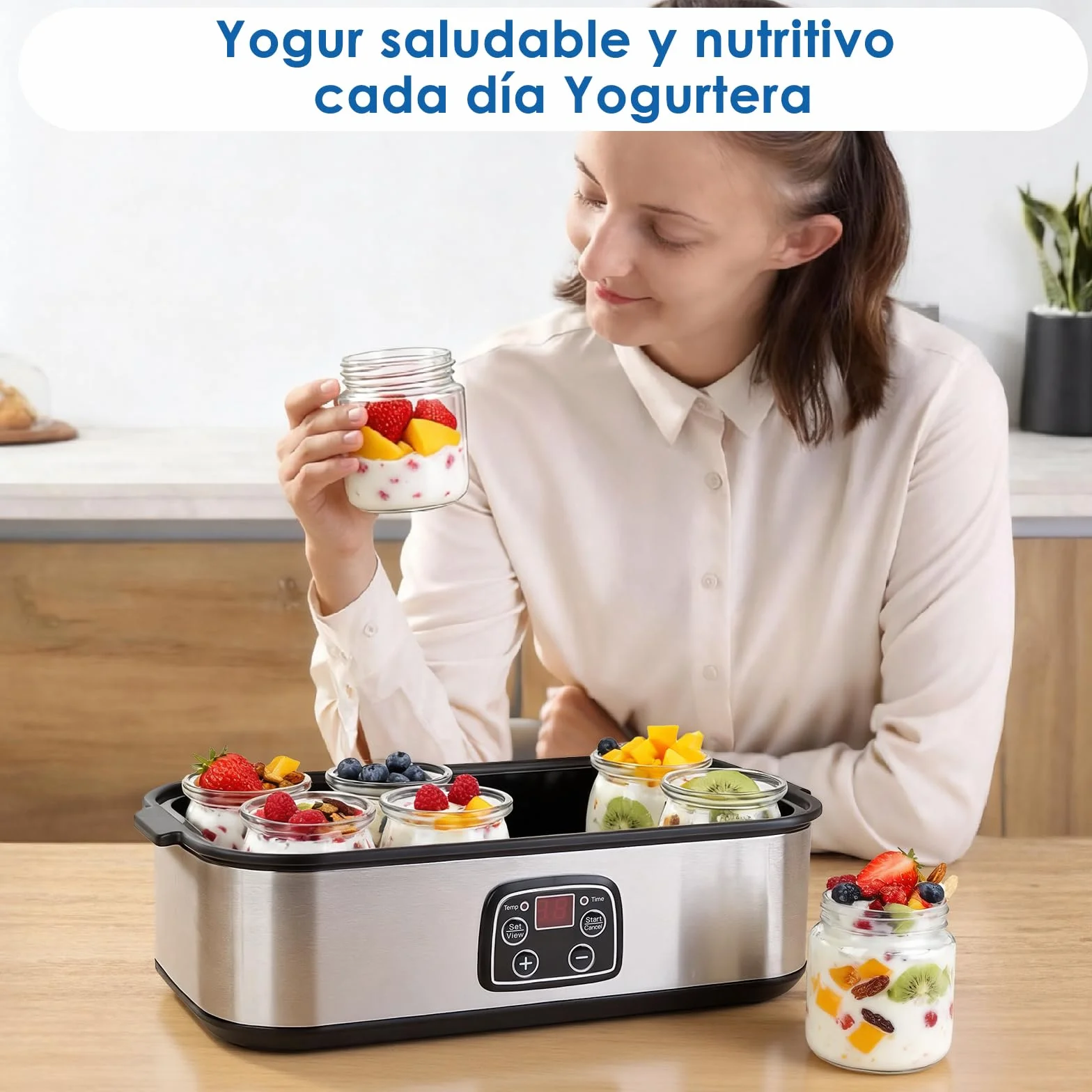 Yogurtera 1400ml, Greek Yogurt Maker with 8x180ml Jars,Yogurtera 8 Tarros con Temporizador y Pantalla LCD, Rango de Temperatura Ajustable 20–55°C,Yogurt Maker para Yogur Casero y Probióticos