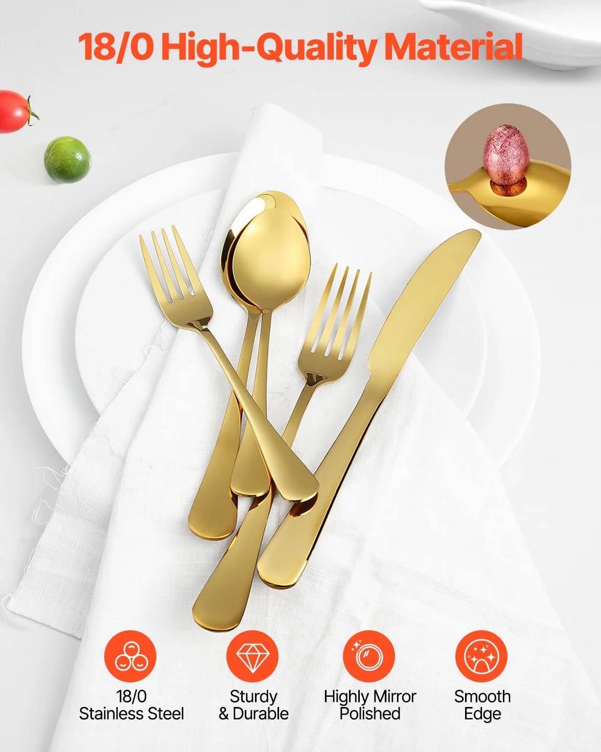 VEVOR Juego de Cubiertos de 60 Piezas, Acero Inoxidable de Grado Alimenticio para 12 Personas, con Acabado de Espejo, para la Cocina del Hogar, Incluye Cuchillo, Tenedor y Cuchara, Color Dorado