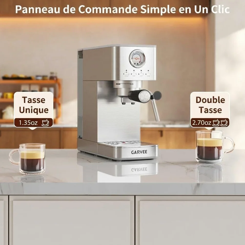 Acekool Máquina de espresso semiautomática 15 bares 1300W - Depósito 1,4L, manómetro, espumador manual - Calentador rápido, acero inoxidable, para café, capuchino, latte - plata (estándar europeo)