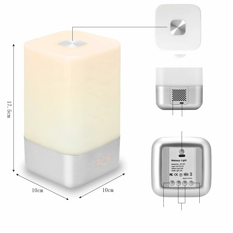 Fdit 5 Sonidos Despertar Luz Alarm Reloj Amanecer Simulation Lámpara de Noche con Naturales