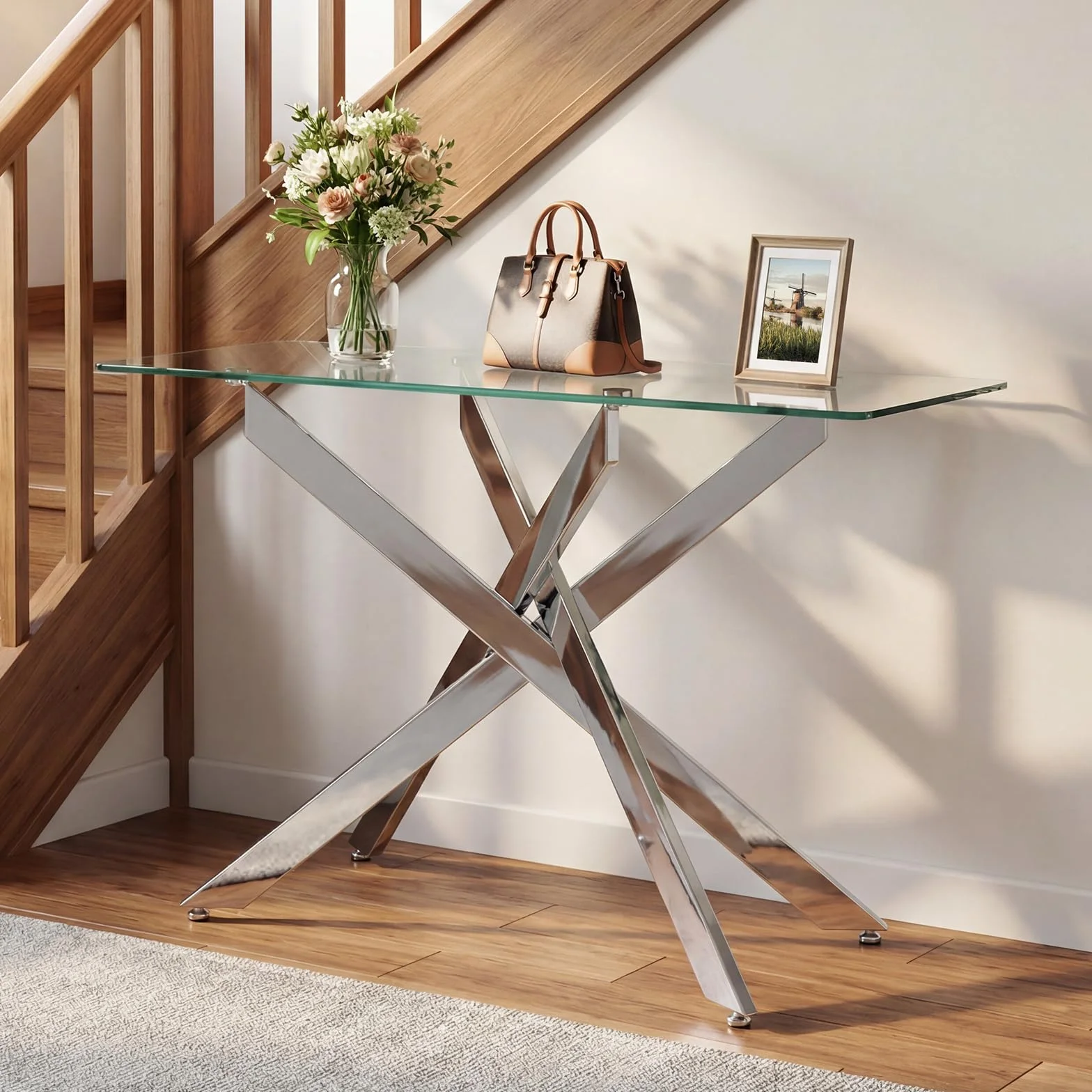 COSTWAY Mesa Consola de Cristal, Mesa de Entrada con Tablero de Cristal Templado y Patas Tubulares de Metal, Mesita Ayxiliar para Salón Pasillo Entrada, 115 x 45 x 78 cm (Plata)