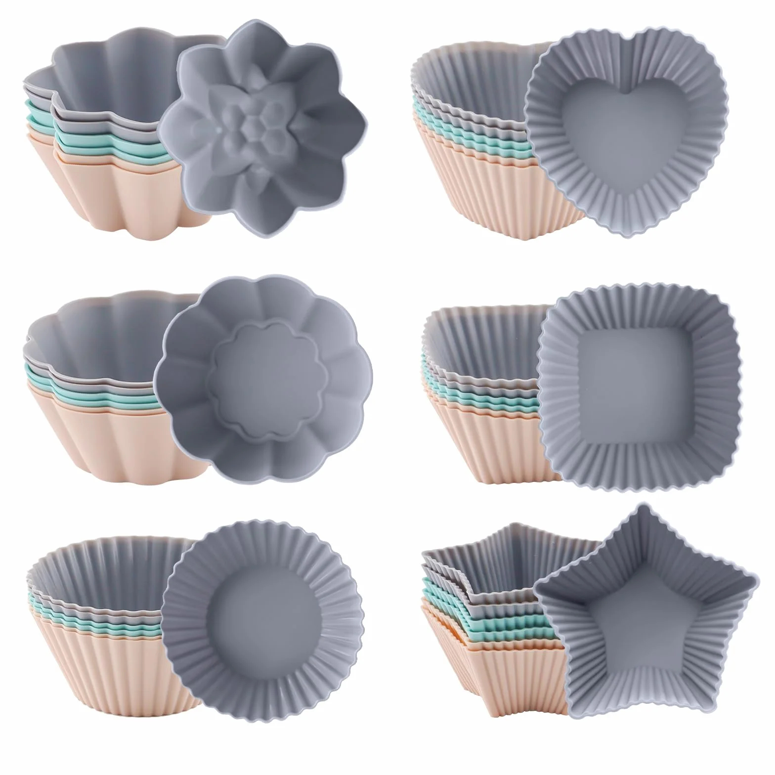 36 moldes de silicona para magdalenas, 6 tipos de moldes antiadherentes de silicona, reutilizables, recubiertos de silicona, para tartas, pudín, pasteles (3 colores)
