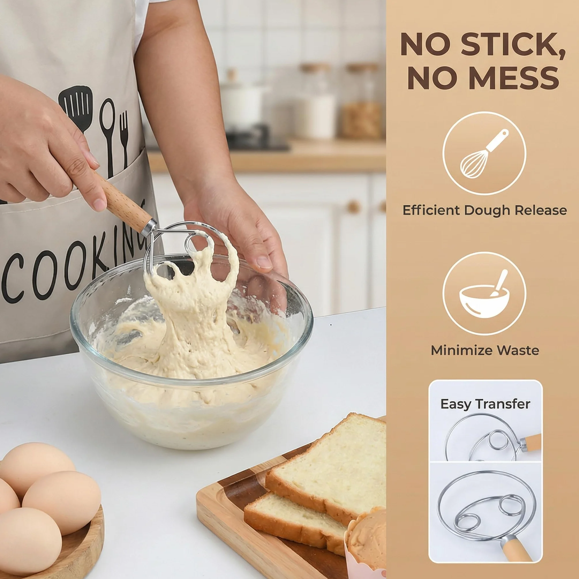 2 Piezas Batidor de Masa Danés, Varillas Cocina de Acero Inoxidable, Batidora Manual con Mango, Accesorios de Cocina para Pan, Masa, Galletas y Pizza