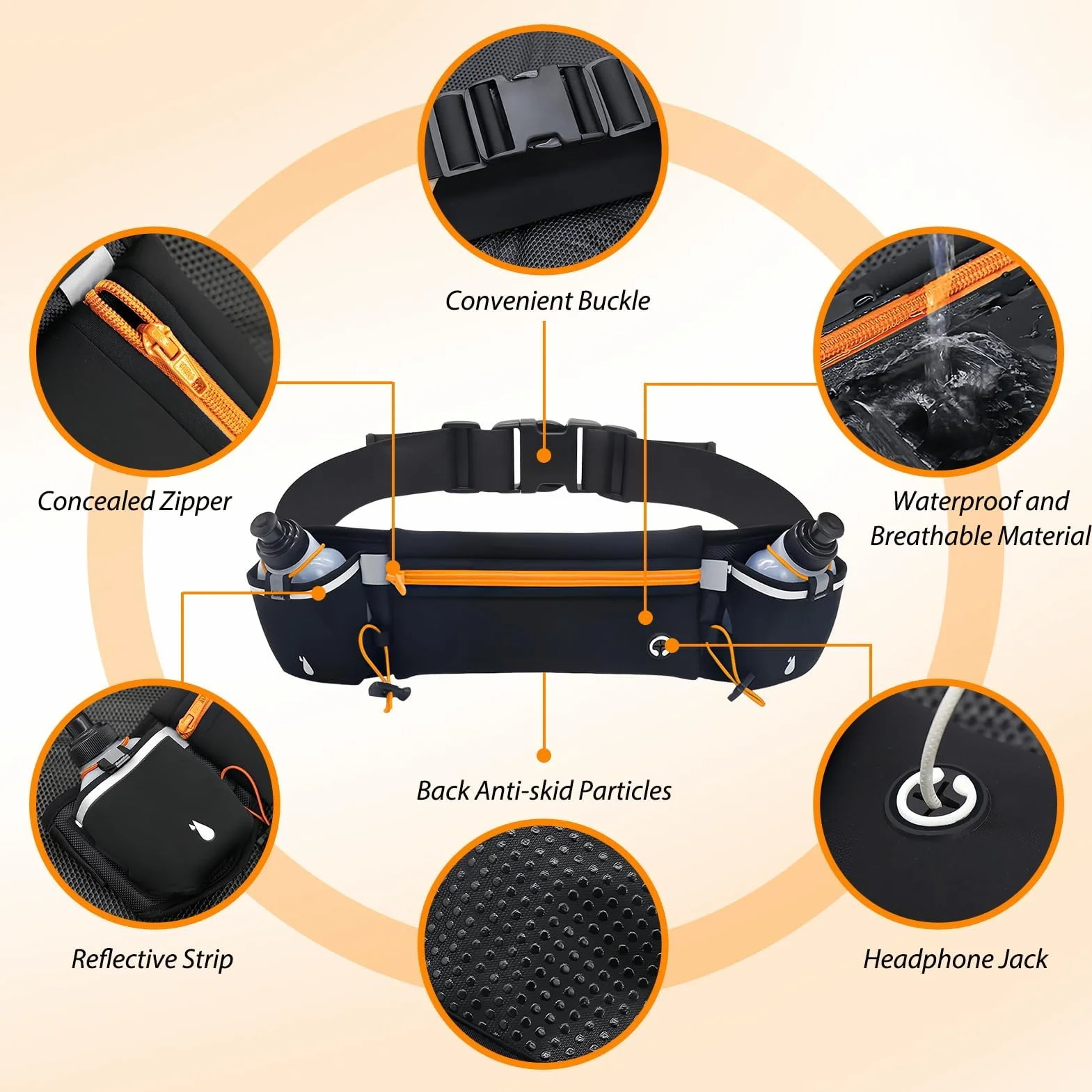 Cinturón para Correr con Botellas de Agua 2x180ML Riñonera de Hidratación Ajustable Impermeable Negro Naranja