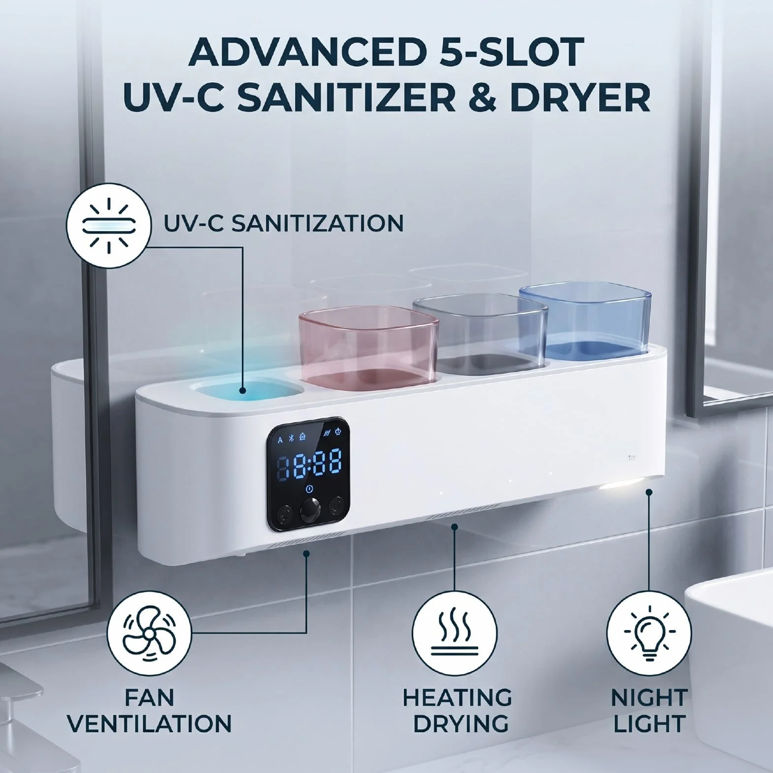 Soporte para Cepillo de Dientes Eléctrico, Desinfectante UVC con Ventilador de Secado Automático y Pantalla Táctil LED, Almacenamiento de Baño Montado en la Pared para 5 Cepillos de Dientes