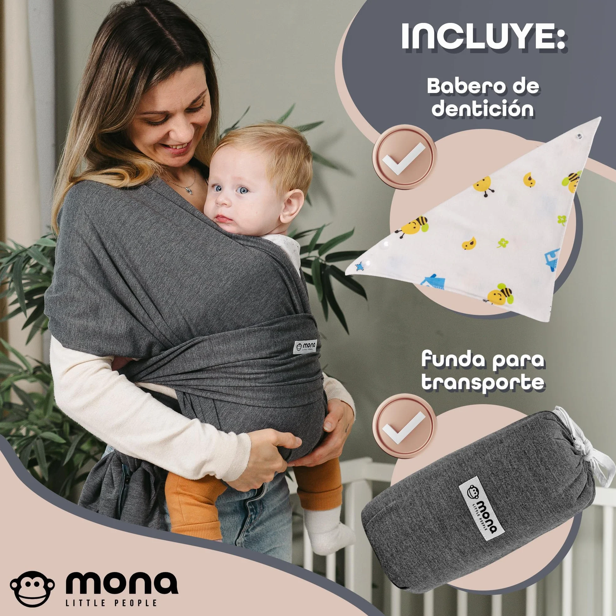 Fular Portabebés Ergonómico Transpirable Algodón Suave para Recién Nacidos hasta 15 kg Unisex con Bolsa y Babero
