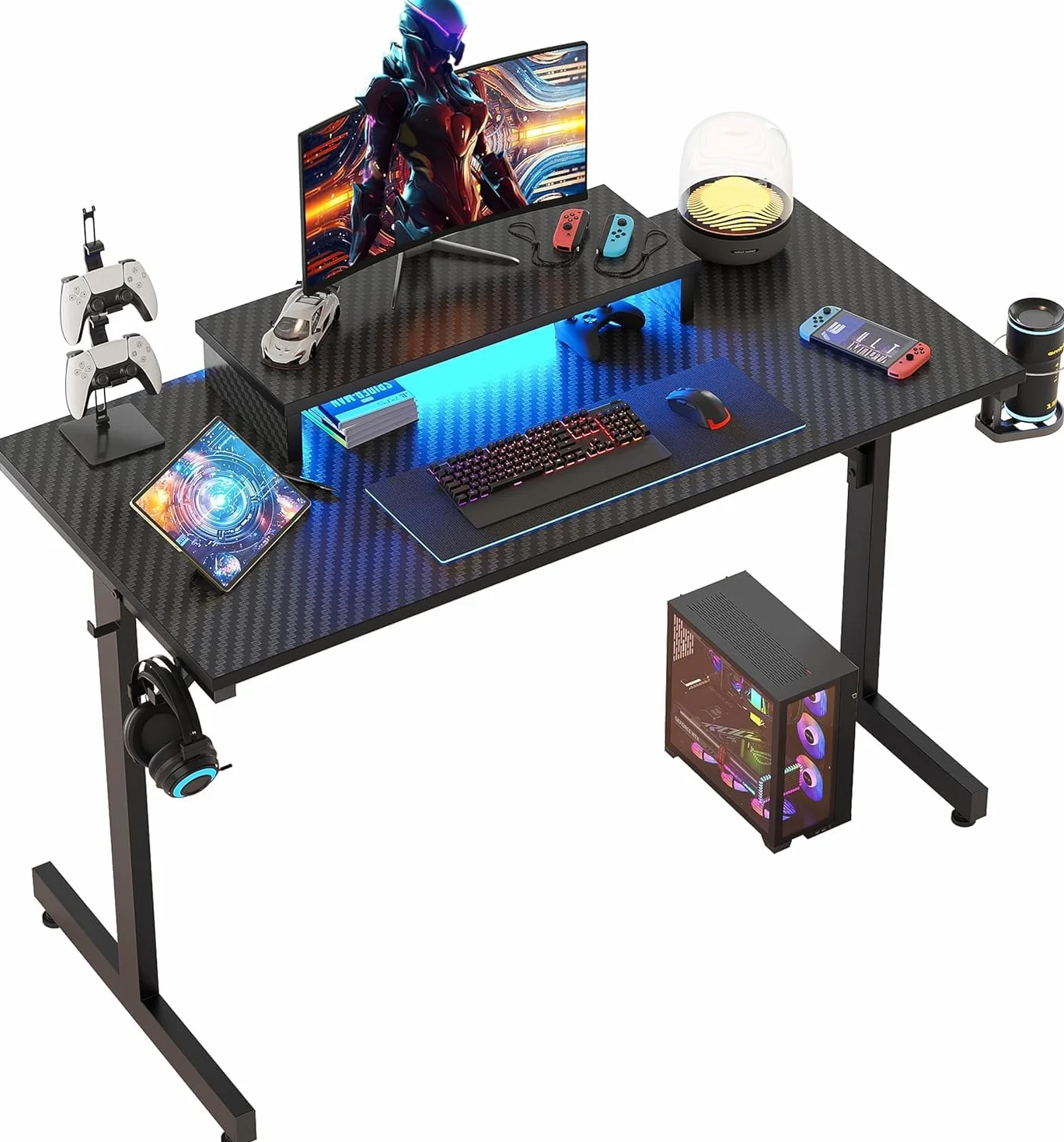 Bestier Escritorio Gaming 106.6CM LED Escritorio de Ordenador con Soporte de Monitor Estación de Trabajo Gamer con Portavasos Ganchos para Auriculares para el Hogar Oficina Dormitorio Pequeño Espacio