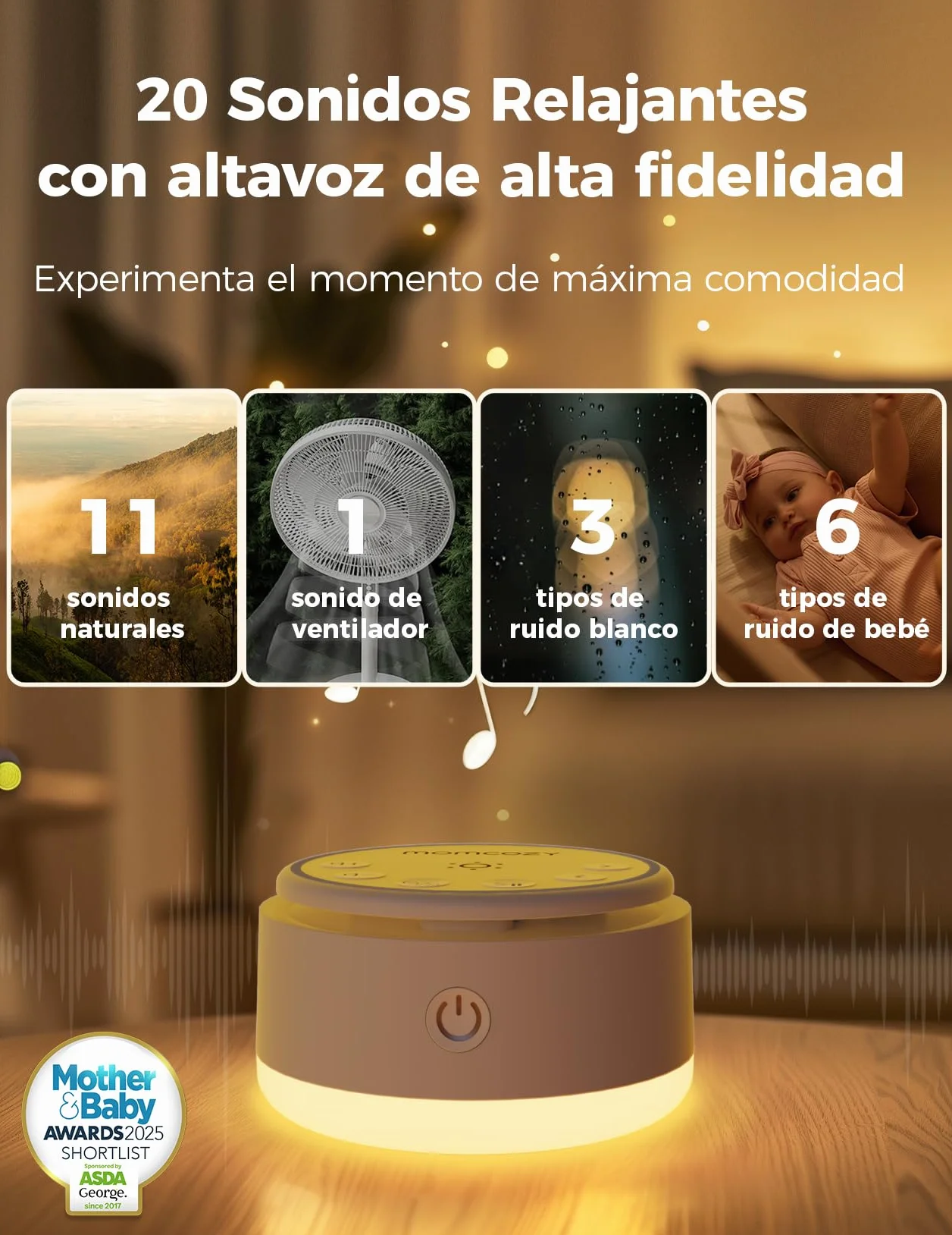 Momcozy Maquina Ruido Blanco Bebe con 20 Sonidos Relajantes Luz Nocturna Tactil Temporizador Sueno Memoria Portatil